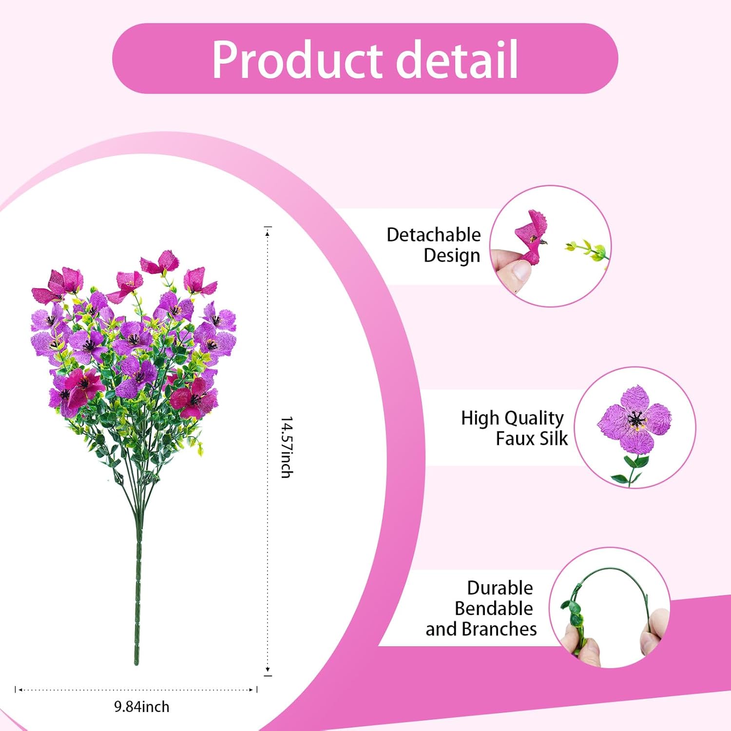 Artificial Faux Plants Flowers Outdoor Spring Summer Decoration, 12 Bundles Fake Silk Colorful Daisy Eucalyptus Realistic UV Resistant for Outside Home Planter Porch Yard Decor (Purple Red Lotus) - Image 3