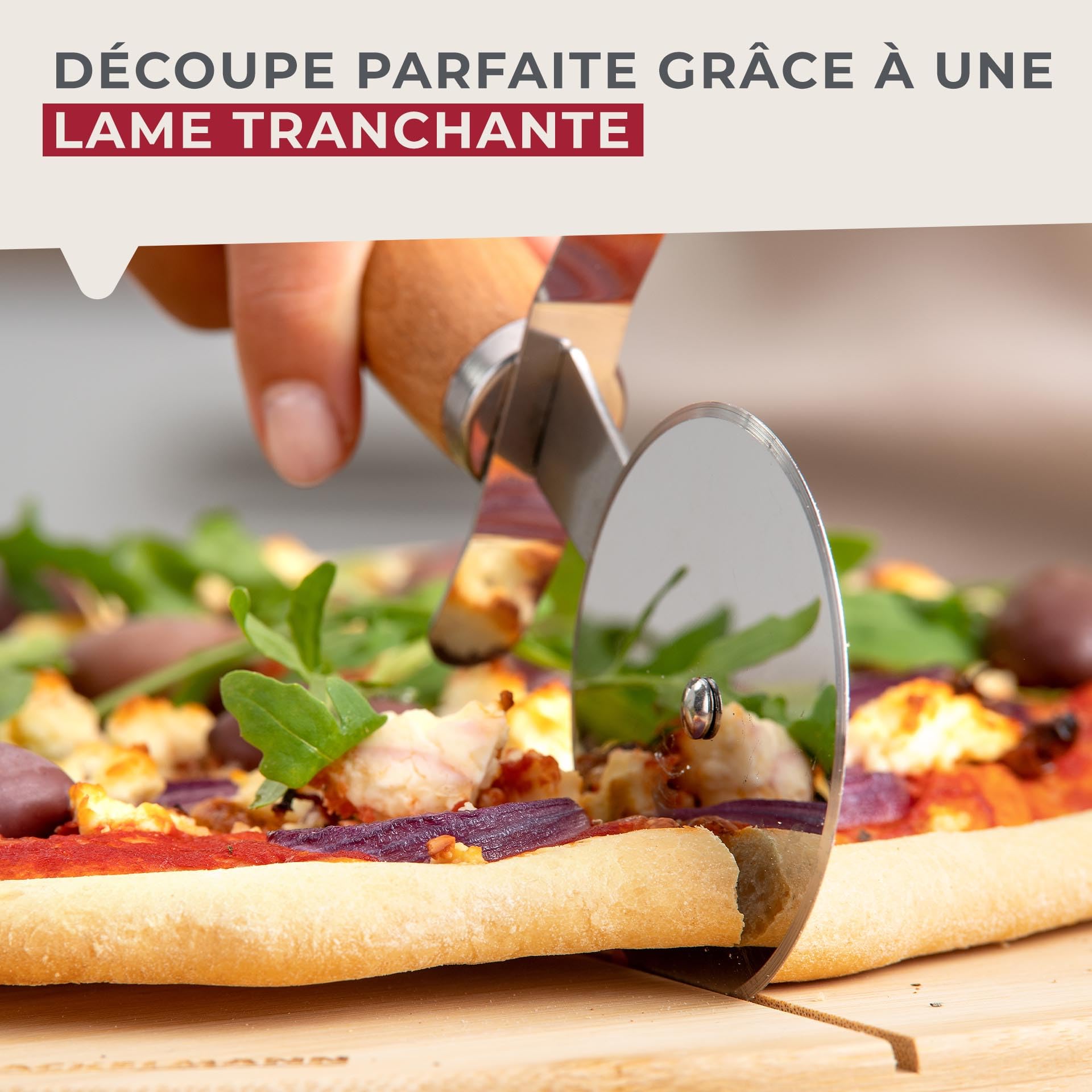 Fackelmann Krajalnica do pizzy i tart – koło do pizzy z ostrym ostrzem ze stali nierdzewnej – wałek do pizzy z ergonomicznym uchwytem z drewna bukowego – ok. 21 cm