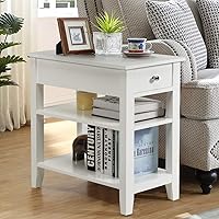 Vista 2 de KOTEK Mesa auxiliar con cajón y estante de almacenamiento abierto, mesa auxiliar estrecha, mesita de noche delgada, mesita de noche de 3 niveles