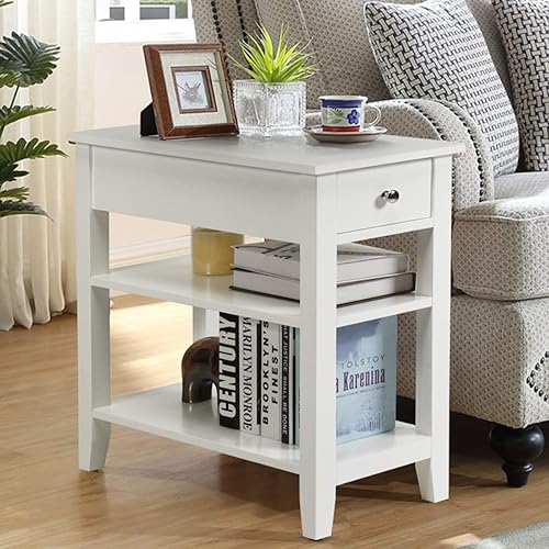 Miniatura 2 de KOTEK Mesa auxiliar con cajón y estante de almacenamiento abierto, mesa auxiliar estrecha, mesita de noche delgada, mesita de noche de 3 niveles