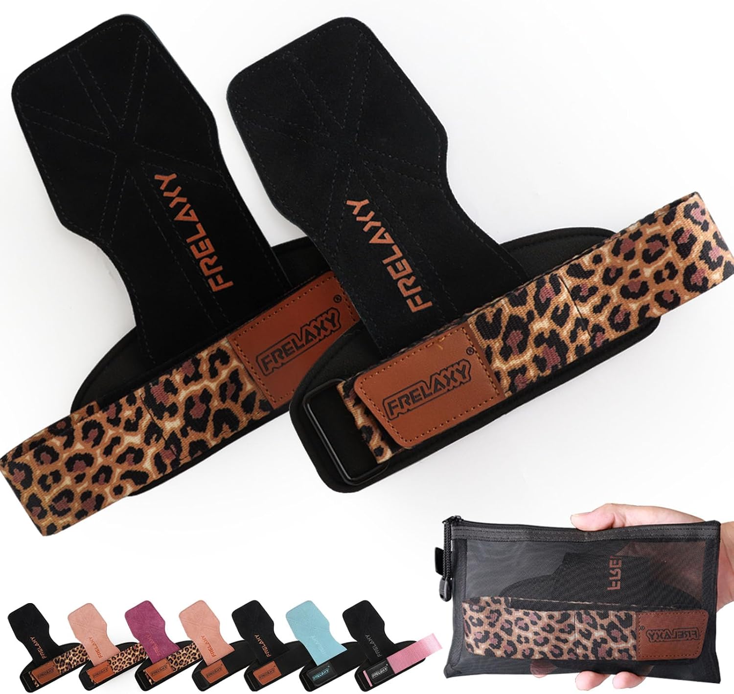 Frelaxy Lifting Wrist Straps for Women and Men, Weight Lifting Grips | Double-layer leather, Cushioned wrist support, Durable construction, Storage pouch, Deadlifts, rows, lat pulldowns