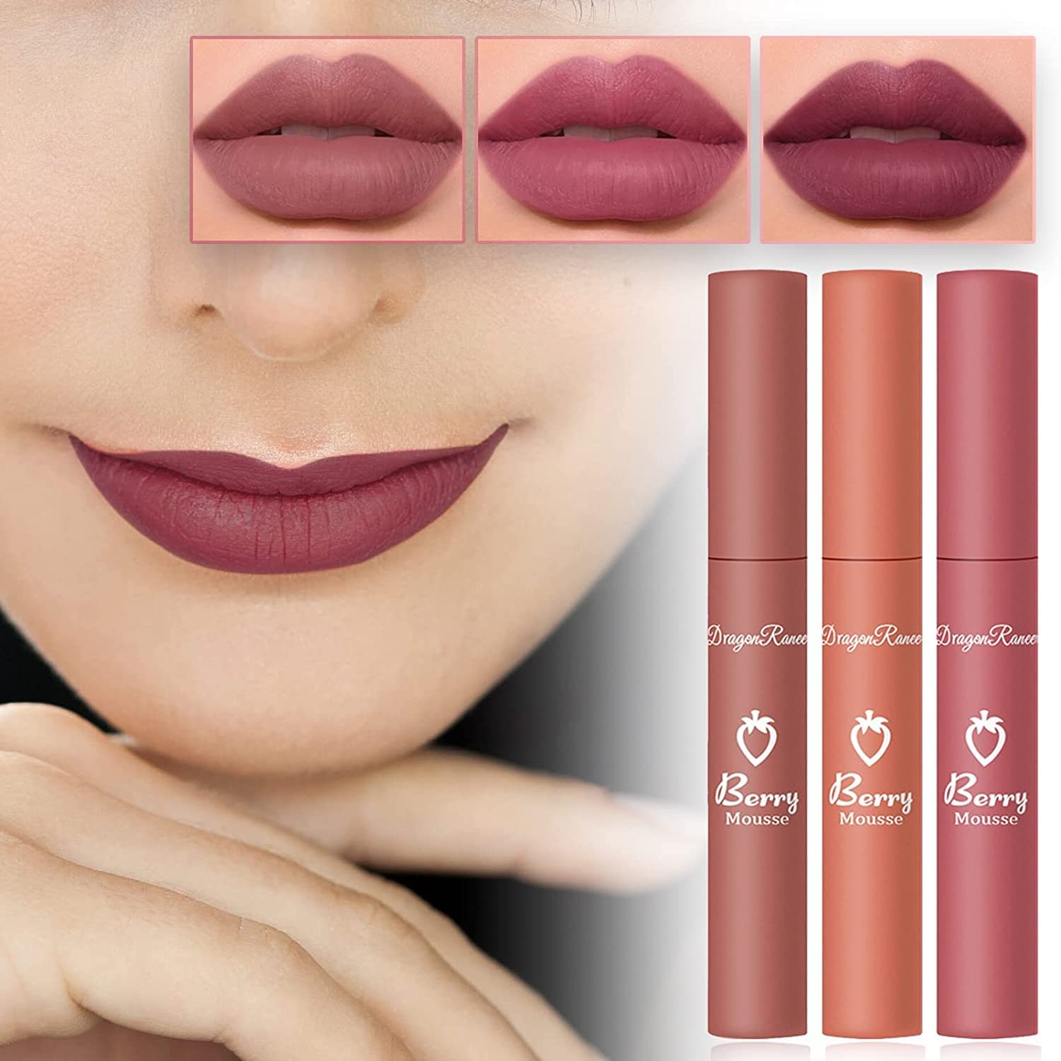 Beautishop3Pcs Strawberry Set Matte Liquid Lipstick Makeup Set, Long Lasting Lip Gloss Non-Stick Cup is Not Easy to Fade, Waterproof Matte Lip Glaze Lipstick Set Box Girls Women Make Up Gift Set (D)