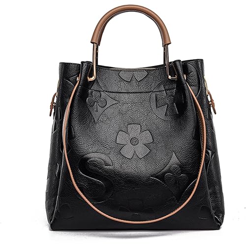 Travistar Floral Handbags Purses Women - Embossed Leather Top Handle Handbag Set Large Shoulder Bag Ladies Bucket Hobo Tote