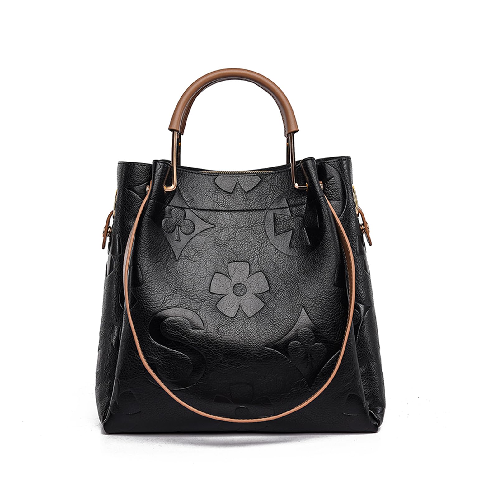 Travistar Floral Handbags and Purses Women - Retro Embossed Leather Top Handle Handbag Set Large Women's Shoulder Bag 3-in-1 Trendy Hobo Purse Ladies Bucket Satchel Bags Work Tote with Pouch Black