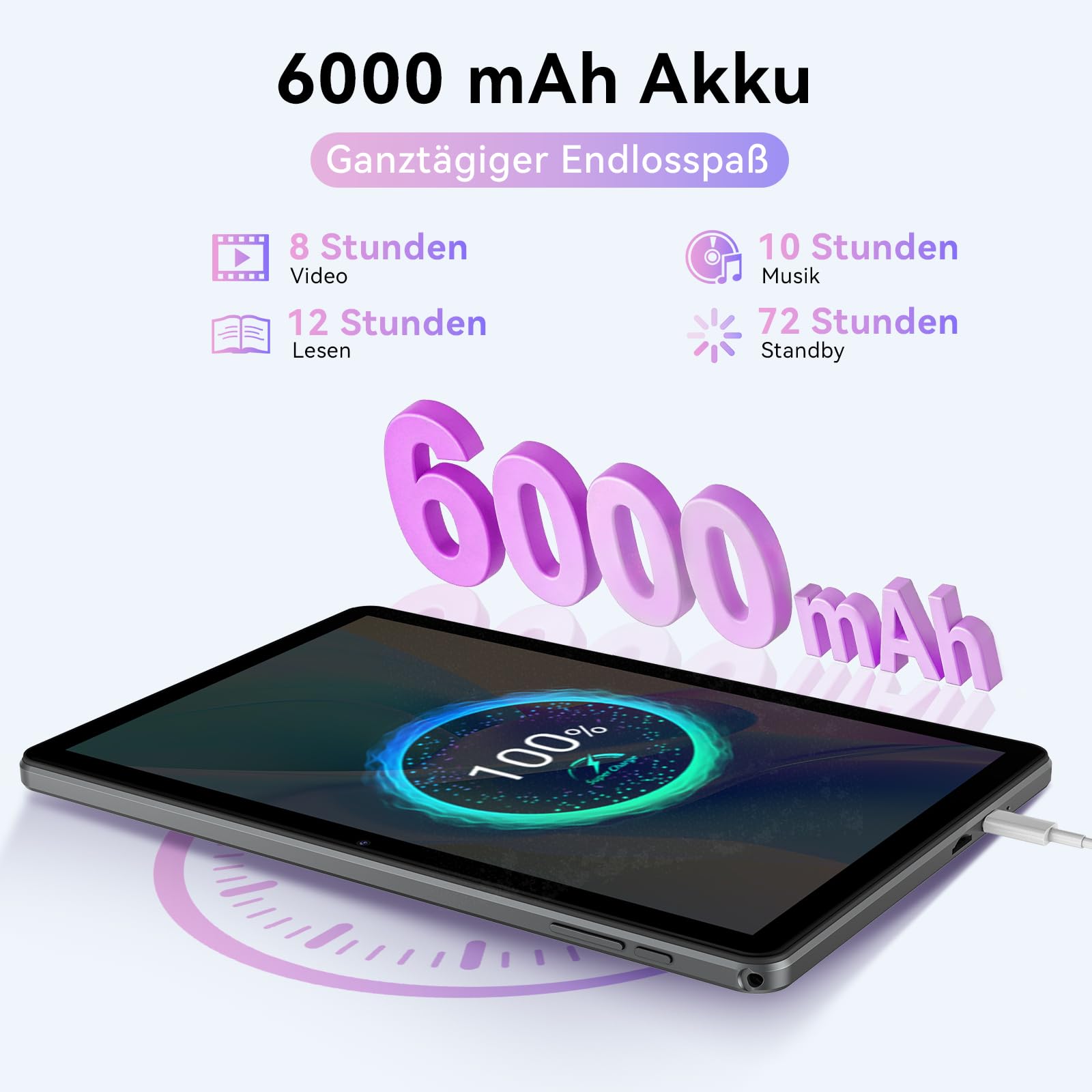 Android 16 Tablet 10 Zoll mit Gemini AI, Tablet mit Tastatur, Maus & Stylus, Octa-Core, 24 GB RAM + 256 GB ROM + 1 TB TF, 1920x1200 HD Display, 8MP + 13MP Kamera, 6000 mAh (Grau + Grau Hülle)