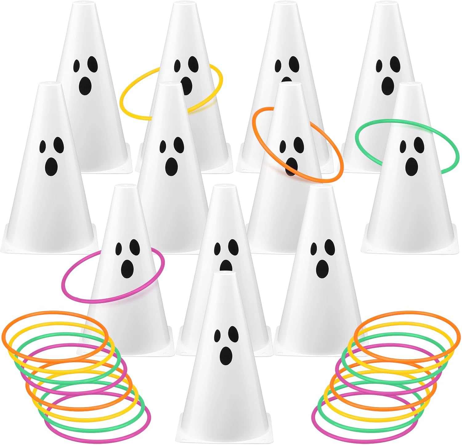 12 Set Halloween Ghost Ring Toss 9 Inch Spooky Plastic Traffic Cones and 24 Pcs Toss Rings for Outdoor Activities Carnival Adult Birthday Party Favors