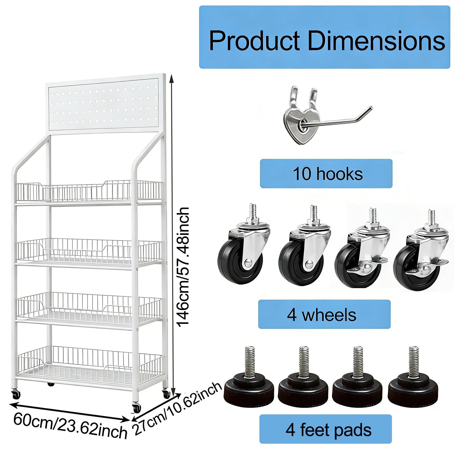devesanter 4-stufiges Metallregal mit 10 Haken und 4 Rollen,Weiß
