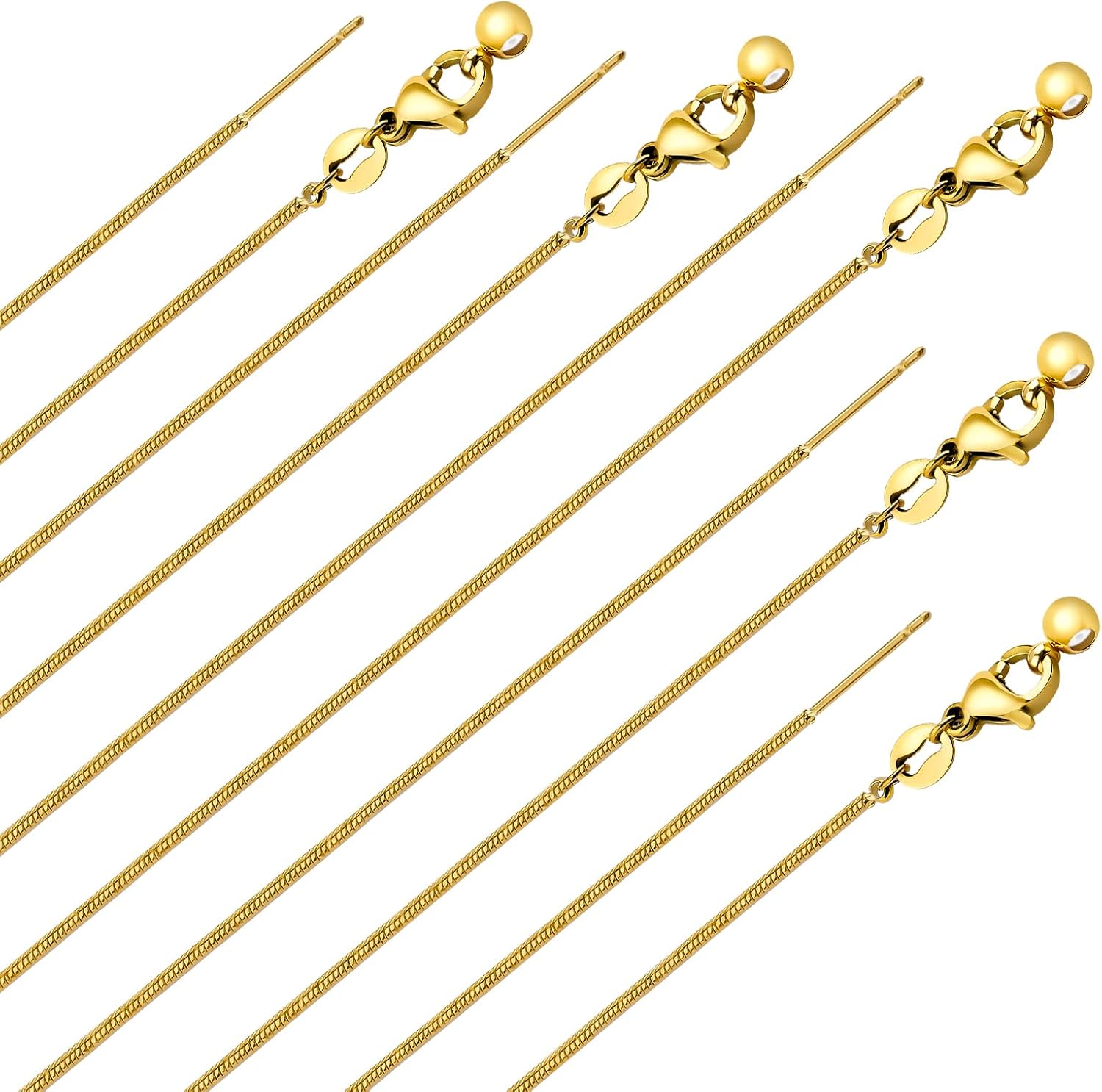 GTVOODX 10Pcs 18k Gold Plated Snake Chain Necklace Stainless Steel 1mm Threader Adjustable Necklace Bulk with Rubber Stoppers for Jewelry Making 20 Inches
