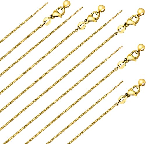 10Pcs 18k Gold Plated 1mm Snake Stainless Steel Chain Necklace Bulk | Add a Bead Adjustable Chain Threader Necklace with Rubber Stoppers for Jewelry Making 20 Inches