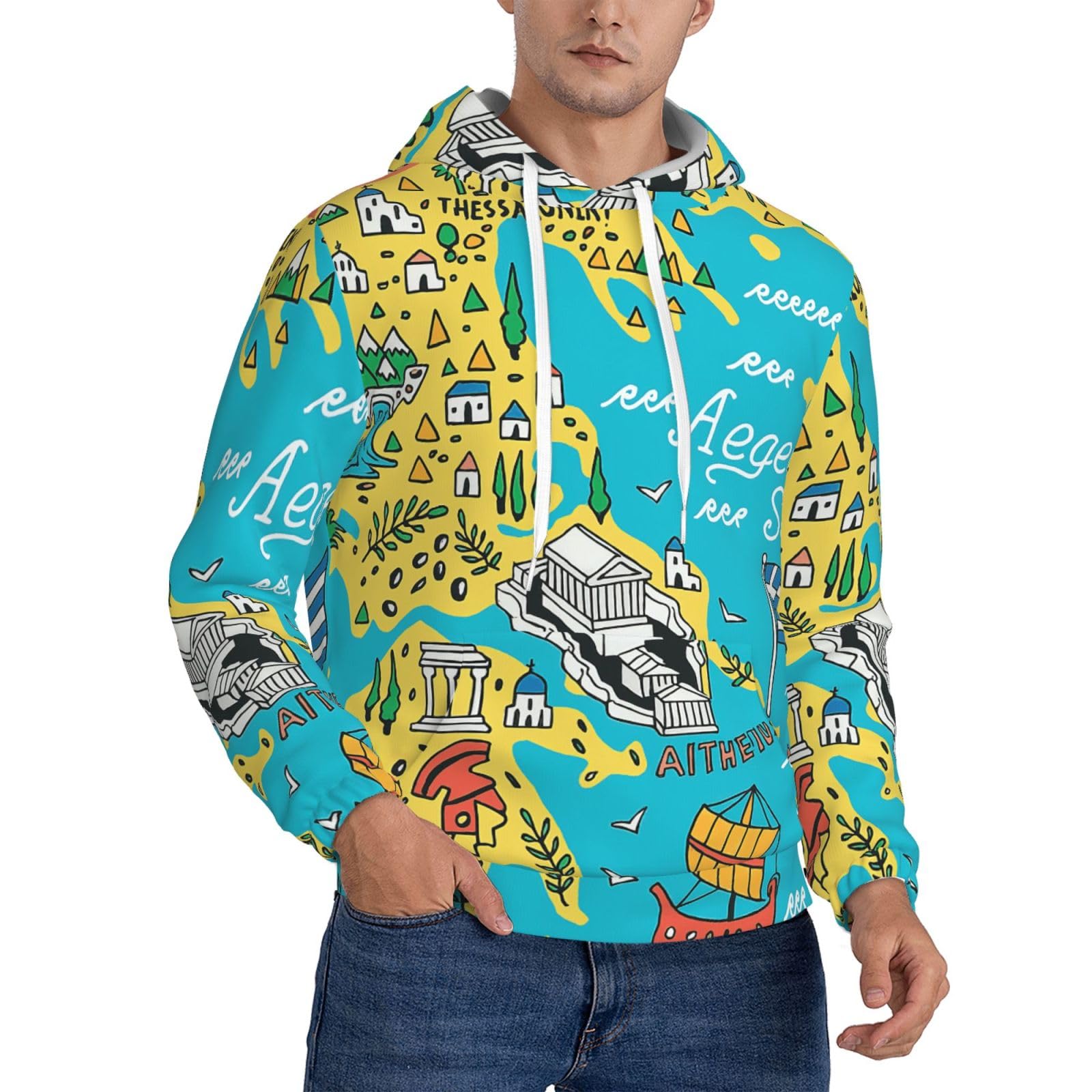 Sweat à capuche homme carte de la Grèce pull bleu - 8