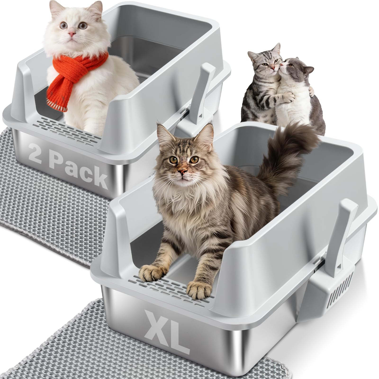 Stainless Steel Cat Litter Box with Lid, 2 Pack XL Metal Litter Box High Sided, Odor-Free/Anti-Urine Leakage & Non-Stick, Extra Large Litter Box with Mat & Scoop for Multiple/Big Cats, Easy Clean