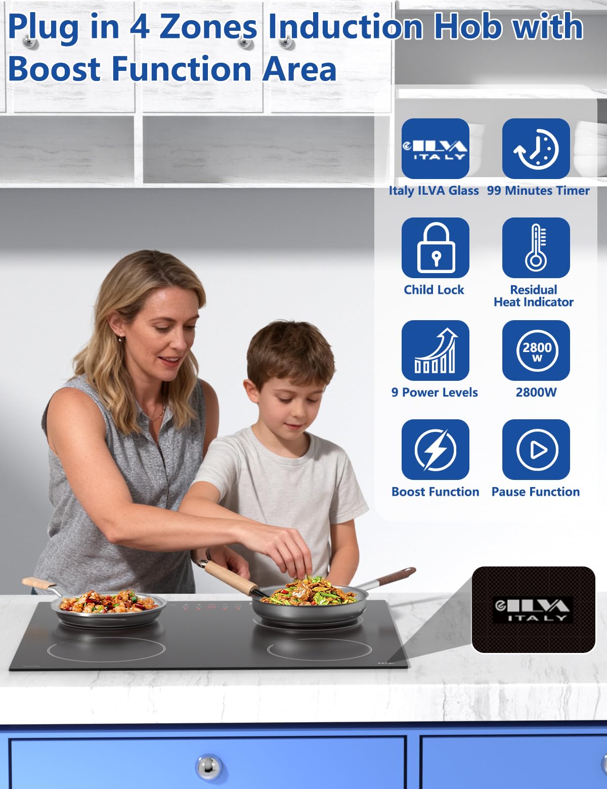 STARCHARTS Plug in Electric Induction Hob with Italian ILVA Glass, 13amp Plug and Play, Built in 4 Zone Plug in Cooktops 2800W, Boost, Pause, Child Lock, Matte Black, Modern Circle Style — view 2