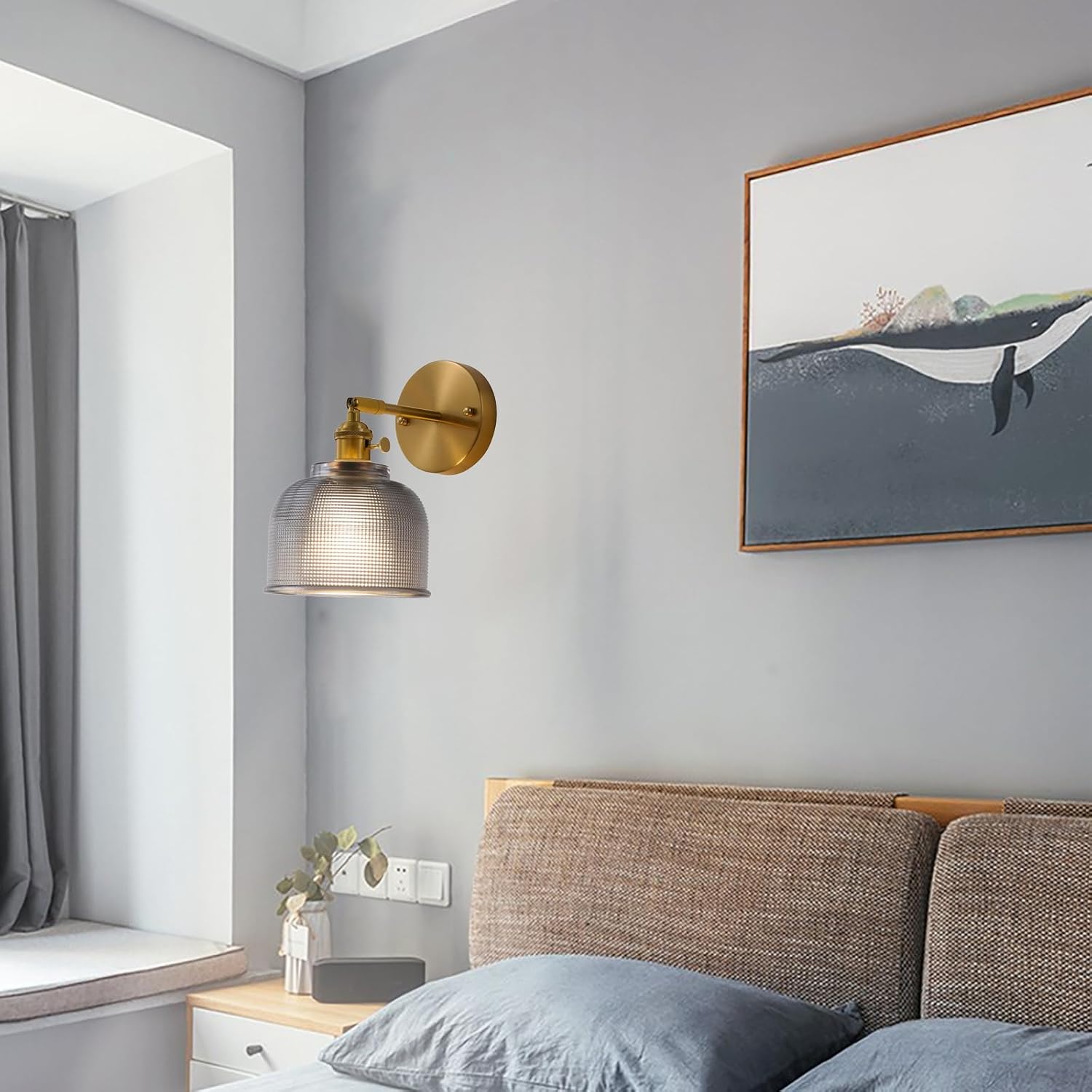 Retro Vintage Bedside Grey Glass Wall Lamp Sconces Gold Brass Switch with Thick Glass Lampshade Wall Light Fixtures for Bedroom