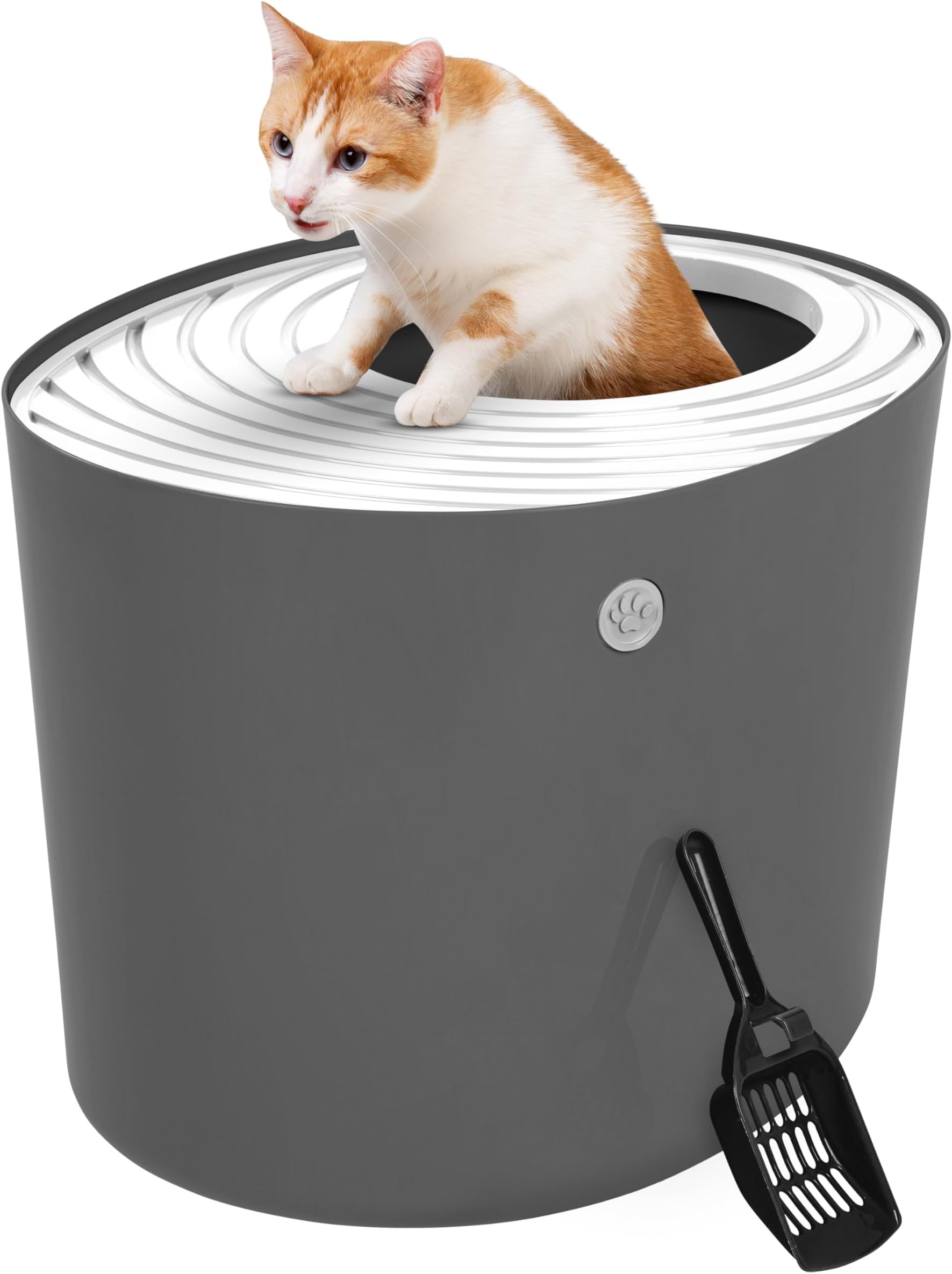 Iris Ohyama Large Stylish Round Top Entry Cat Litter Box with Scoop, Grooved Cover and Privacy Walls, Dark Gray/White