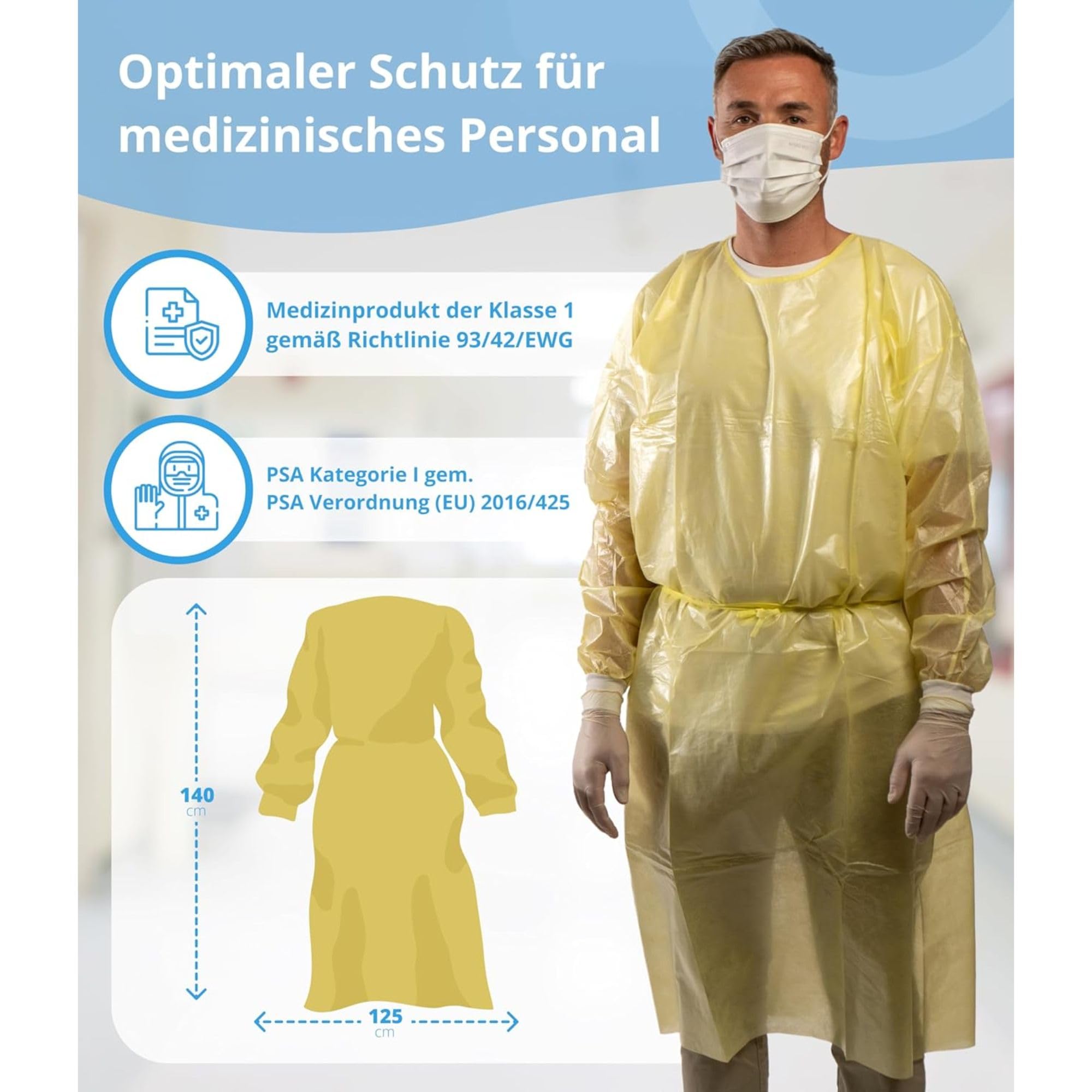 10St. | Gelb | Einweg PP+PE Schutzkittel Optimaler Schutz Einmal Kittel mit Strickbündchen & Klettverschluss – Premium OP Kittel (125x140cm)