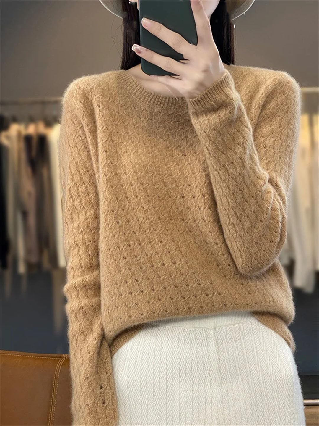 Vogrtcc Maglione di Lana A Maniche Lunghe con Scollo A O da Donna Top Pullover in Maglia Oversize Larghi E Casual