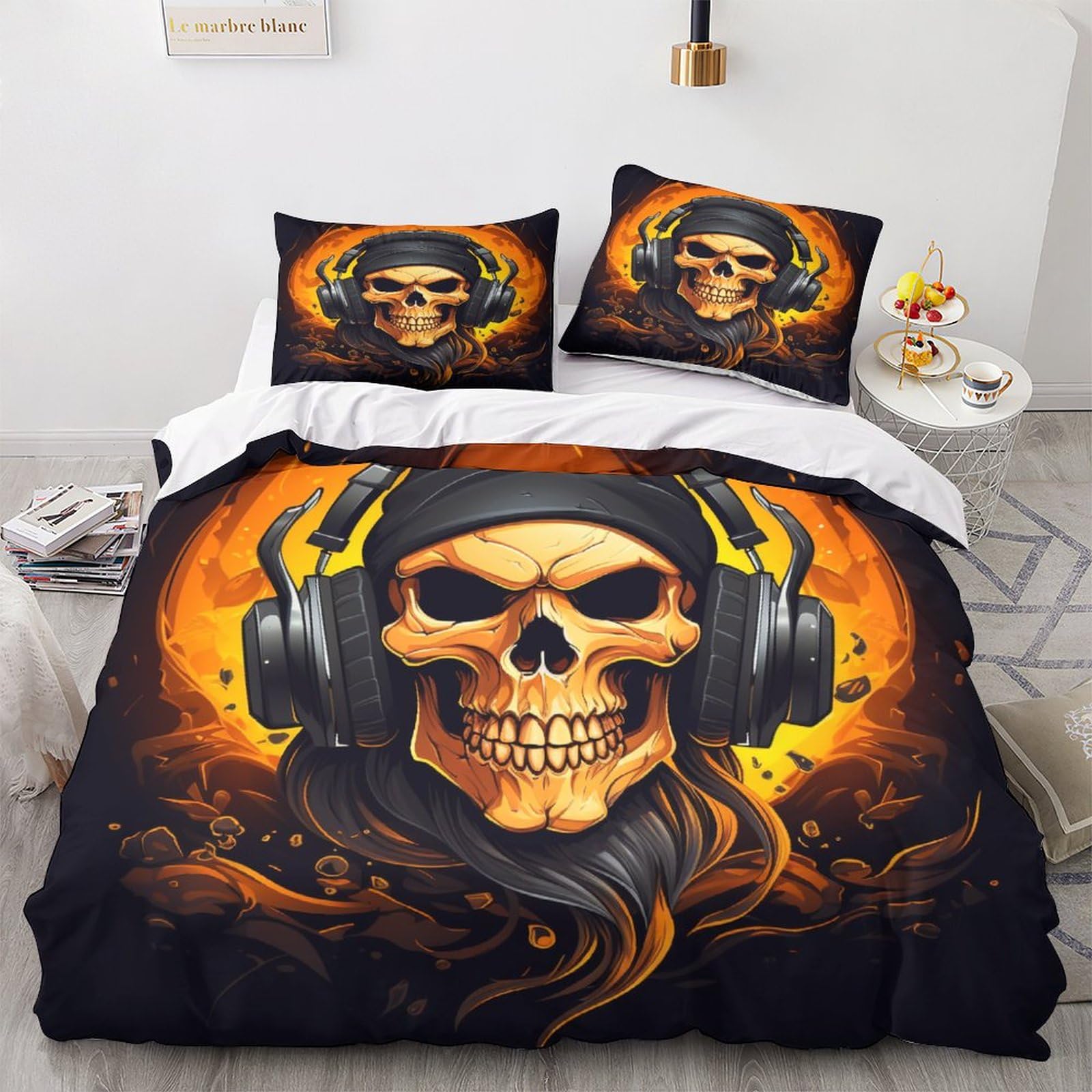 AYSUM Skull Lovingly Comforter Cover Hidden Zipper Duvet Cover Set with Pillowcases Bedding Set Soft Microfiber Skeleton Quilt Cover Set Various Sizes for Kids Adults Double（200x200cm）