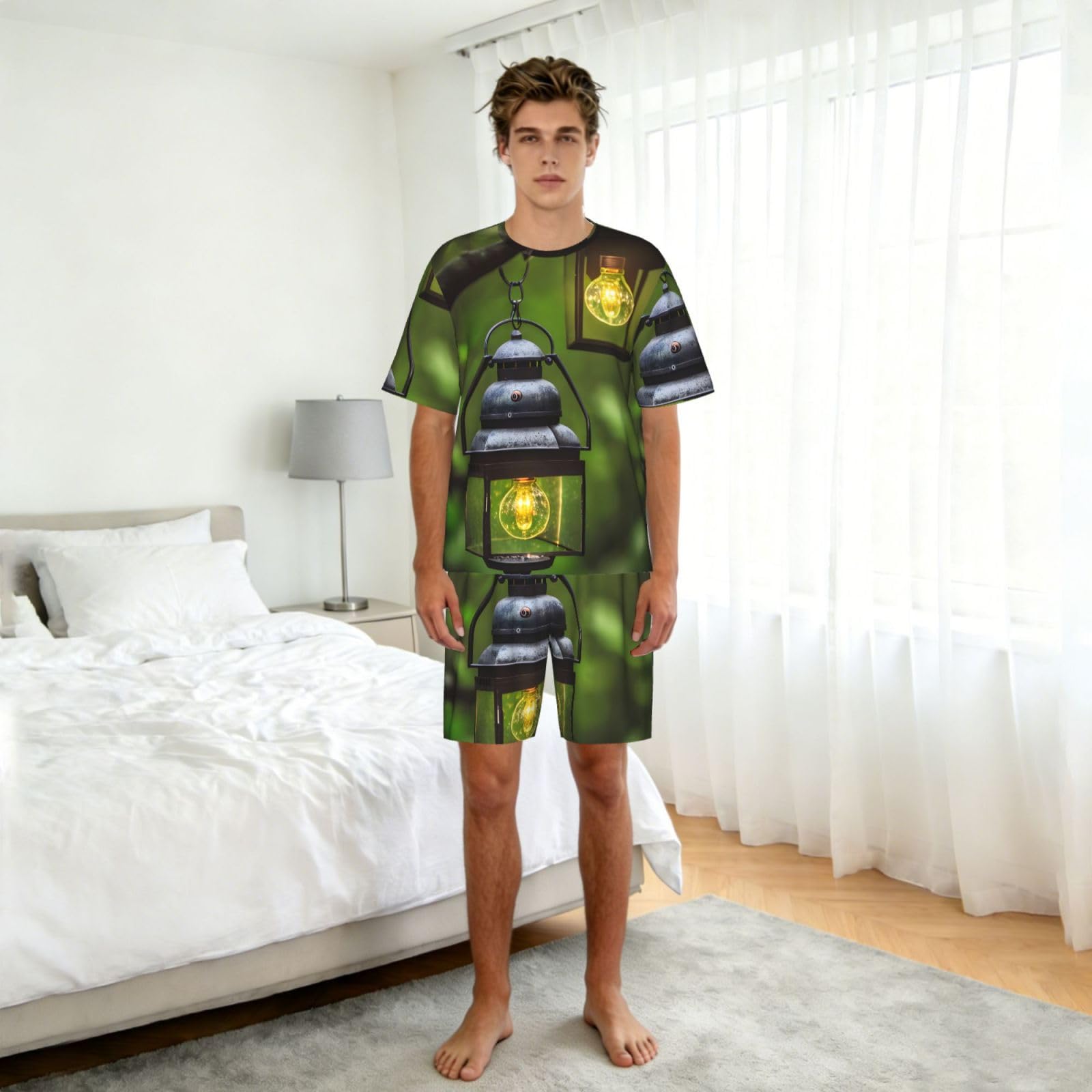 Conjunto de pijama clásico con estampado de luciérnagas y linternas, pantalones cortos de pijama suaves para hombre, perfecto para las noches de verano
