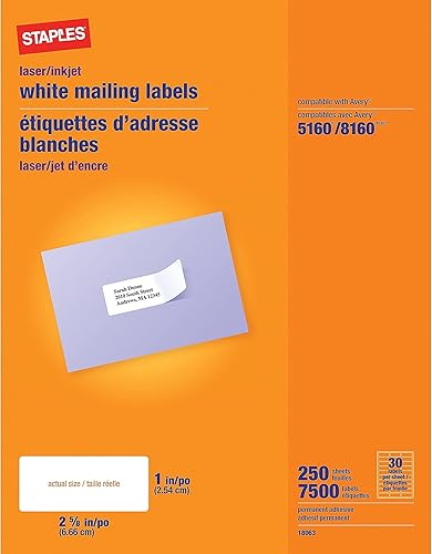 Staples Etiquetas de dirección láserinyección de tinta, papel adhesivo imprimible fácil de despegar, 1 x 2-58 pulgadas, 30 etiquetas por hoja,