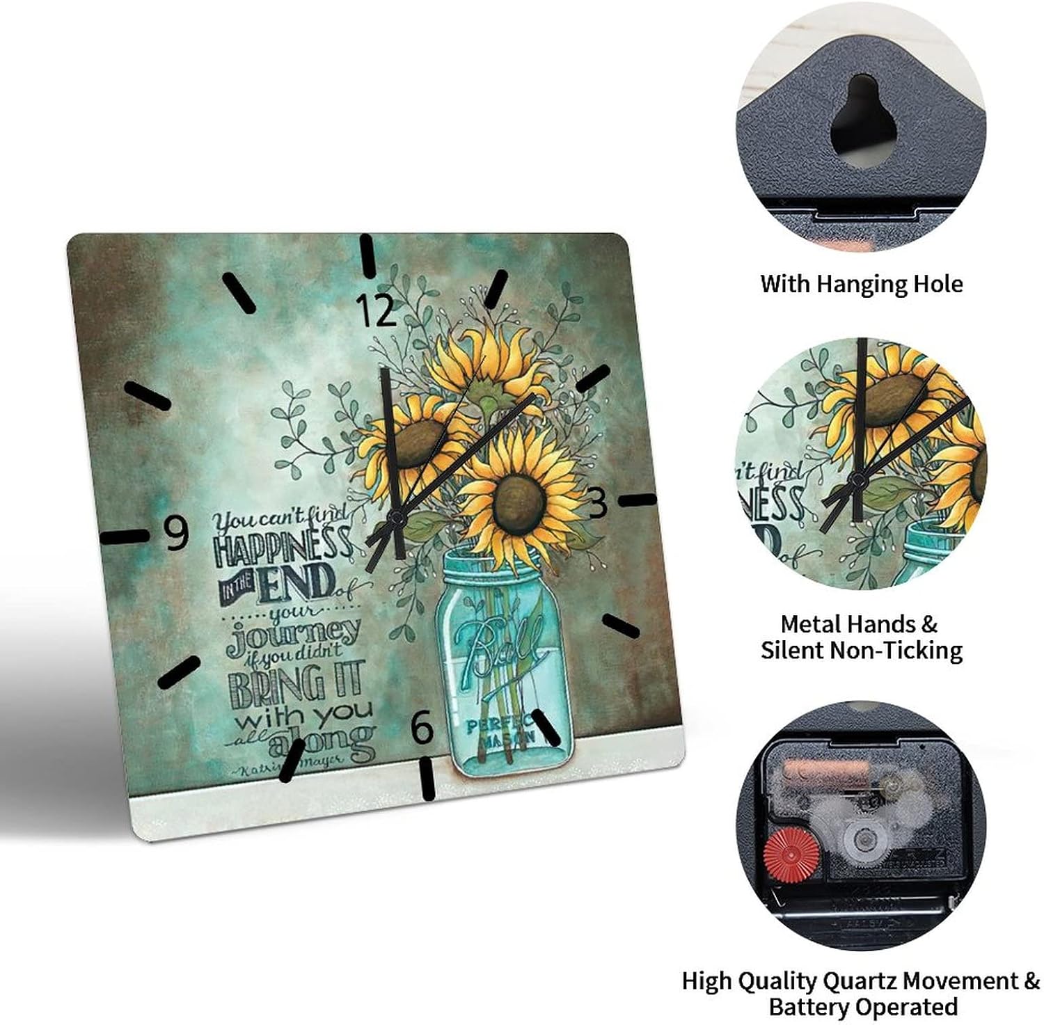Beautiful Sunflower in Vase Wooden Wall Clock 10in Old Wall Plaster Wall Clock Arts And Crafts Silent Non-Ticking Battery Operated Thanksgiving Day Popular Wall Decor for Hallway Study Room Condo Pool image 5