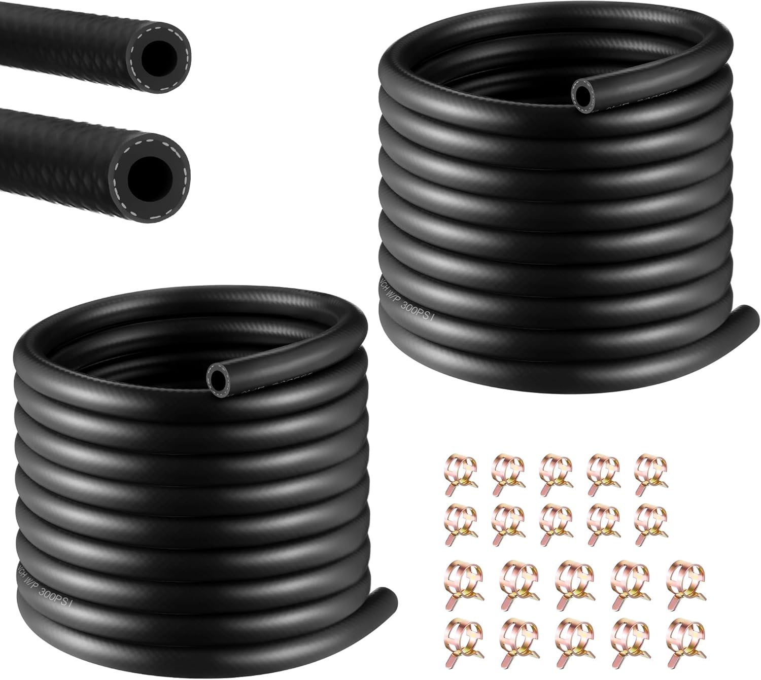 20Ft 2 Sizes Fuel Line Hose Kit - 3/8" 5/16" ID NBR Rubber Fuel Hose with 20Pcs Clamps High Performance 300PSI for Tractors, Small Engines, Lawn Mowers Automotive Engines
