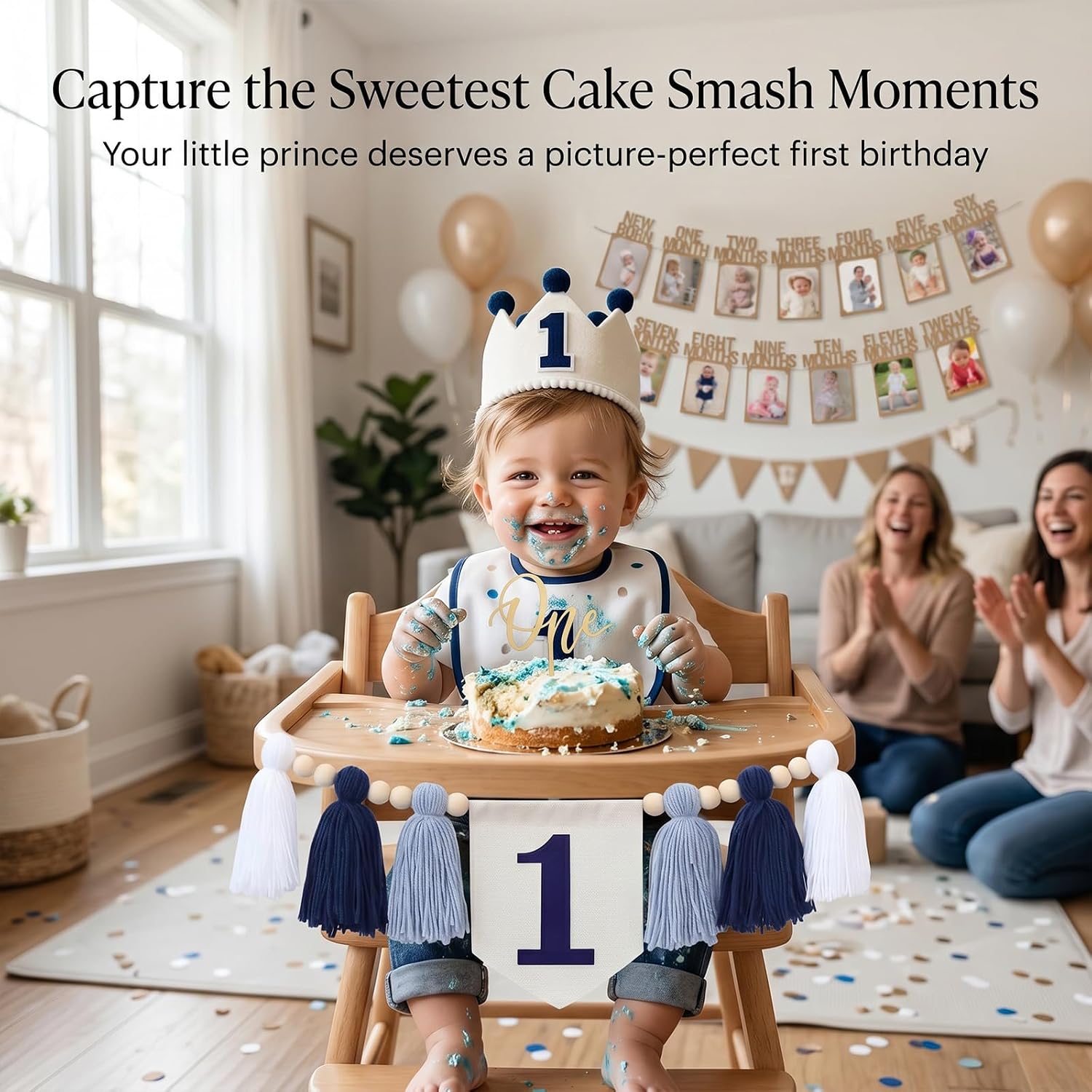 Baby Boy 1st Birthday High Chair Banner Set - Blue & White Tassel Garland image 2