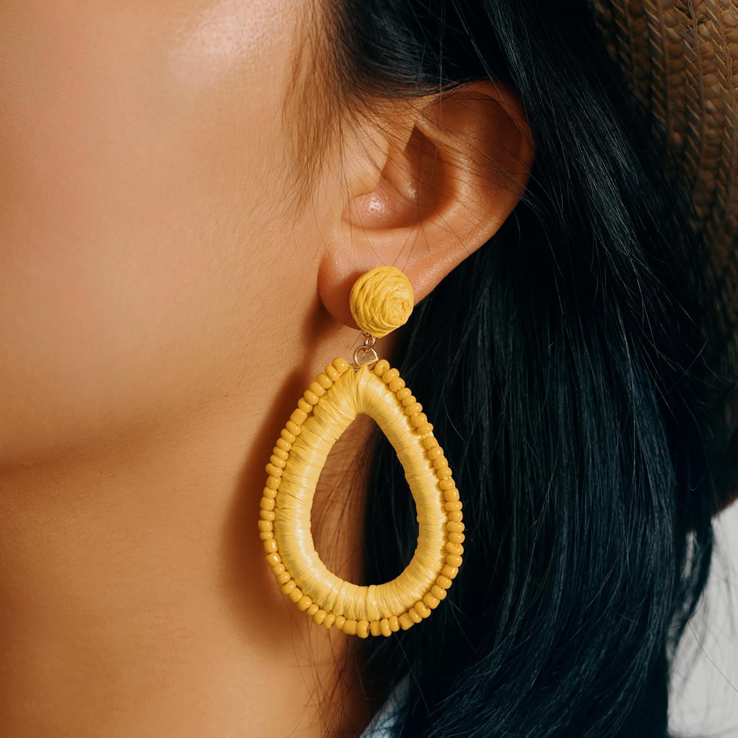 Beaded Teardrop Earrings Boho Raffia Earrings Statement Tear Drop Earrings Trendy Summer Jewelry for Women - Image 6