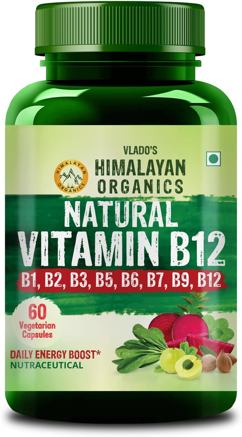 Vlado's Himalayan Organics Plant Based Vitamin B12 Supplement- with Vitamin B1,B2,B3,B5,B6,B7,B9,Moringa | 100% Natural | Support Nerve Health & Brain Function I Energy Production, Energy, Maximize Absorption, Boost Metabolism I Active form of Vitamin B12 For Men & Women - 60 Vegetarian Capsules
