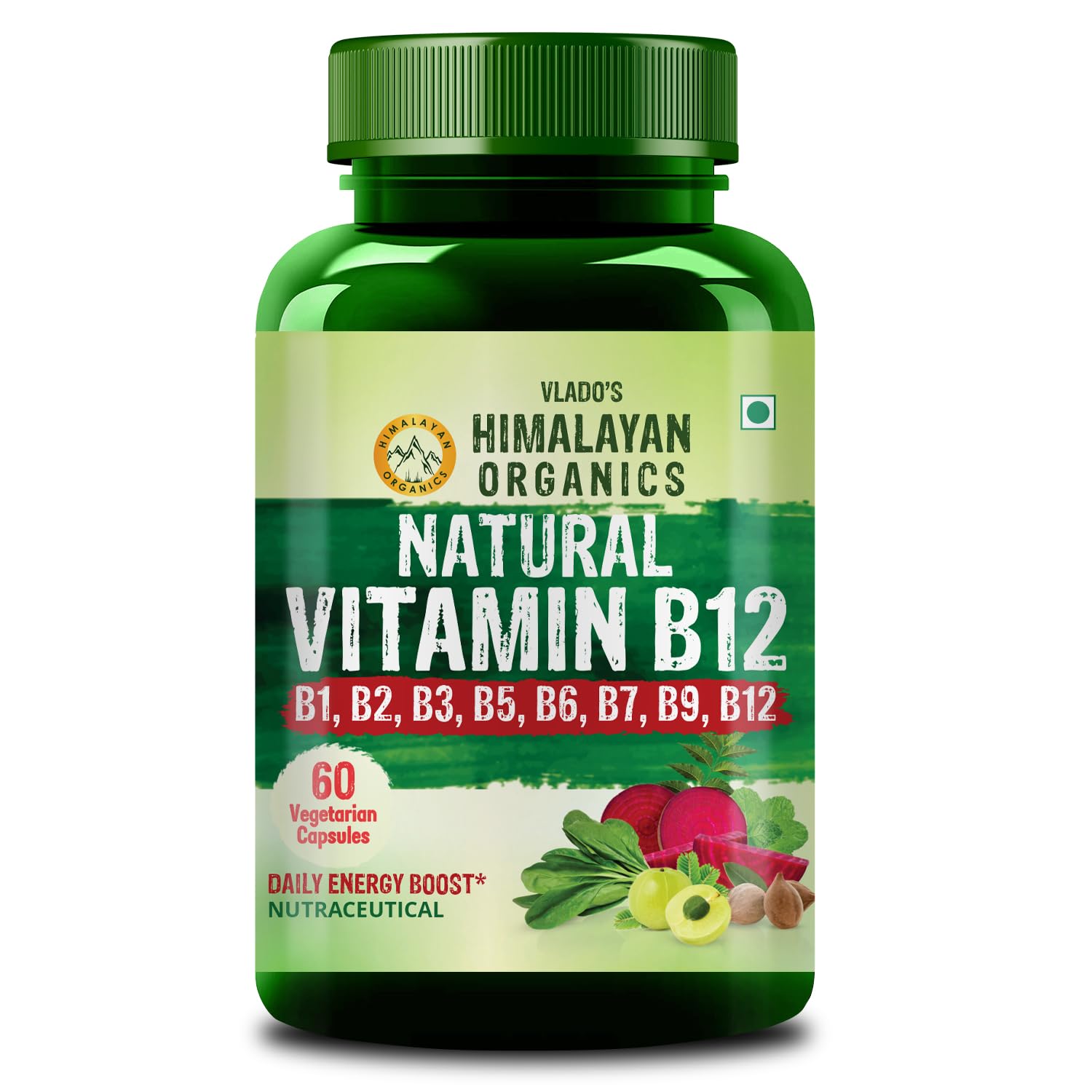 Vlado's Himalayan Organics Plant Based Vitamin B12 Supplement- with Vitamin B1,B2,B3,B5,B6,B7,B9,Moringa | 100% Natural | Support Nerve Health & Brain Function I Energy Production, Energy, Maximize Absorption, Boost Metabolism I Active form of Vitamin B12 For Men & Women - 60 Vegetarian Capsules