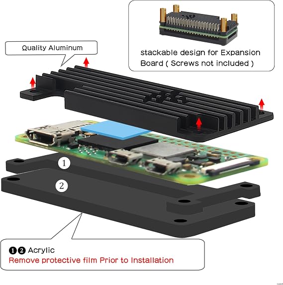Raspberry Pi Zero 2W Casing Aluminium Passive Cooling (2W02), Heatsink + 20Pin GPIO Header for Raspberry Pi Zero/Pi Zero 2W & Expansion Board
