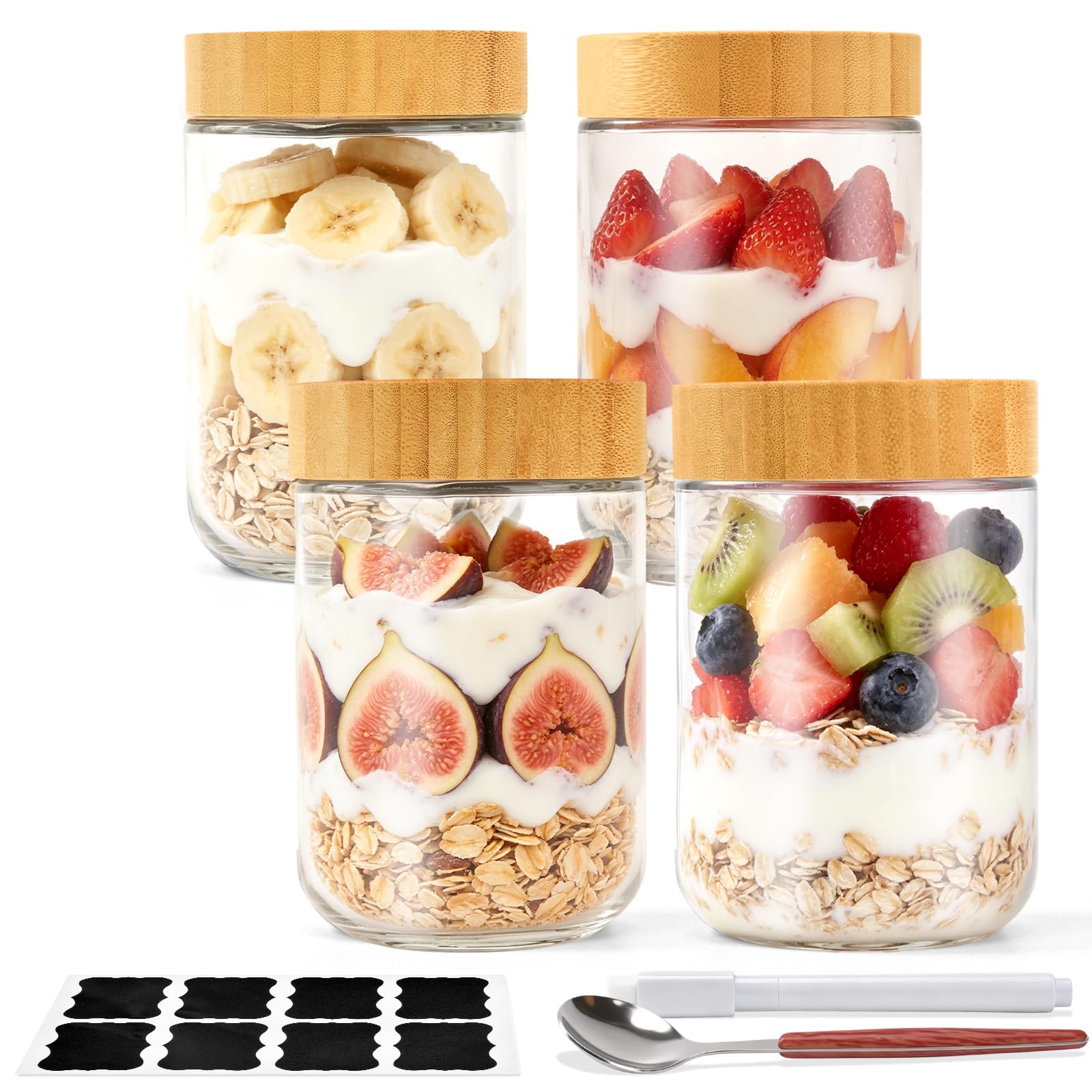 Overnight Oats Jars 500ml, 4 Pack Glass Containers with Bamboo Lids