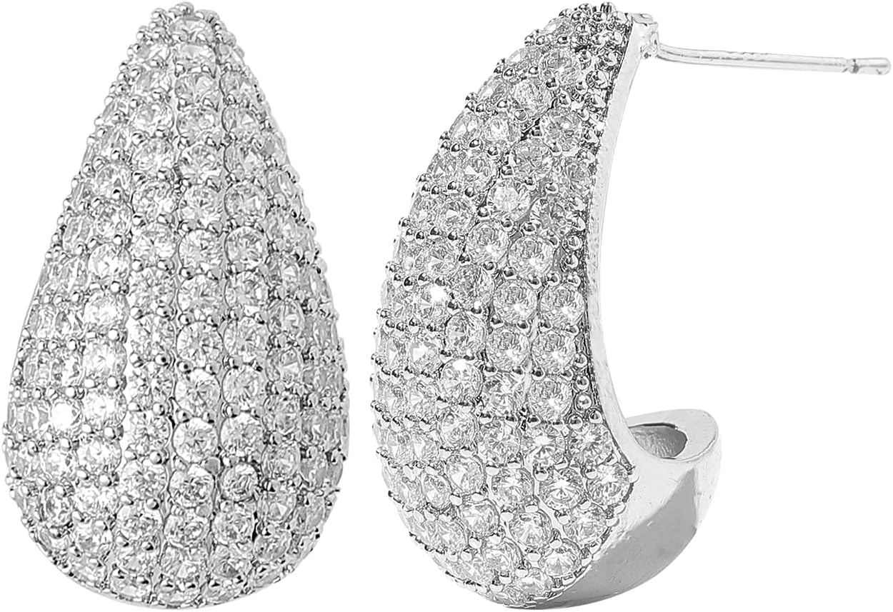 Chunky 18K Gold Plated Hoop Earring Silver Teardrop Earrings for Women Water Drop Lightweight Rhinestone Crystal Dangle Jewelry Wedding Bridal Bridesmaids Valentine’s Gift for Woman Lover Mom