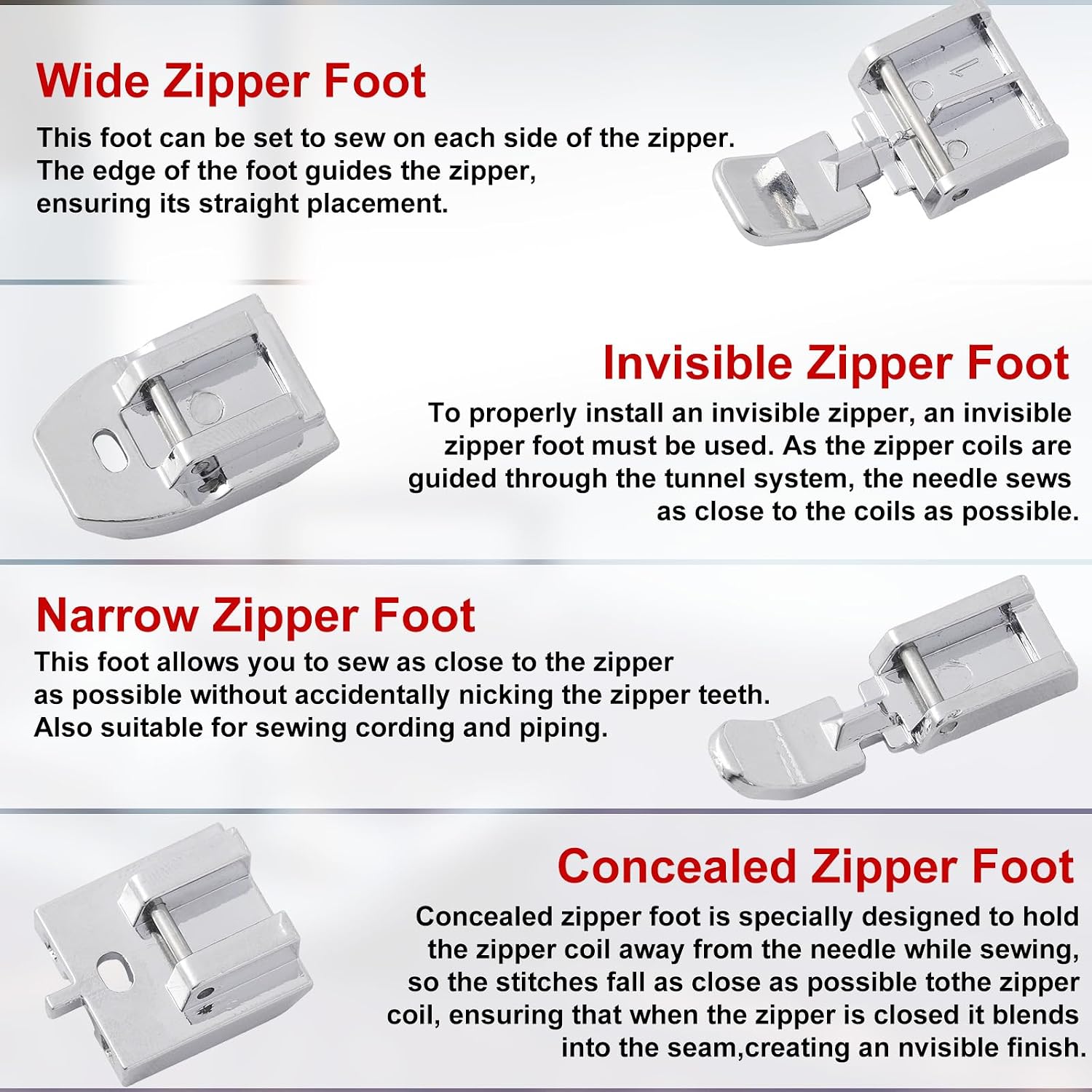 4pcs Zipper Presser Feet, Durable Wide Narrow Invisible & Concealed Zipper Presser Feet for Low Shank Sewing Machines Compatible with Singer Babylock Janome
