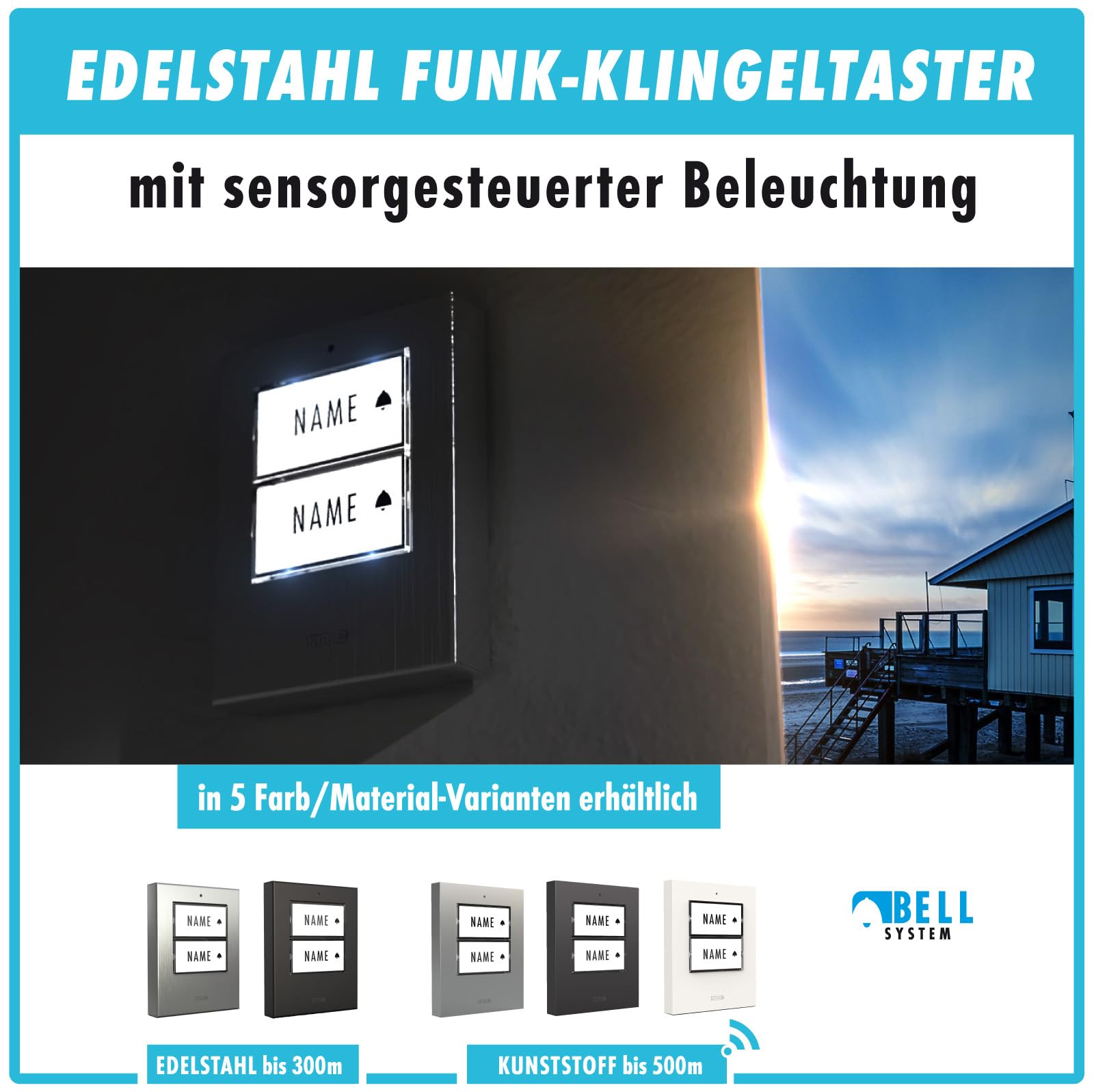 m-e Funkklingel BELL-572 Edelstahl gebürstet mit Sender und Empfänger für 2-Familienhaus | Erweiterbare kabellose Türklingel mit 200 Meter Reichweite | Türglocke für Steckdose