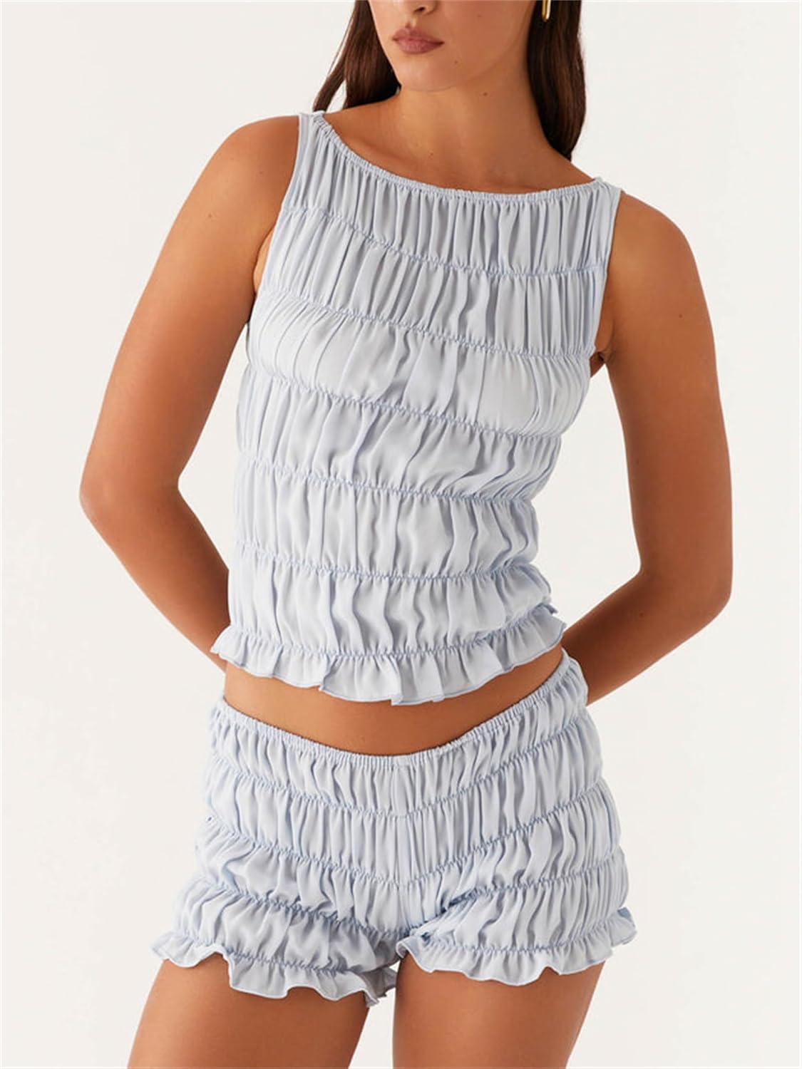 Miqil Women Y2k 2 Piece Smocked Loungwear Cute Sleeveless Tiered Ruched Tank Top Low Rise Shorts Set Fairycore Going Out Set - Image 2