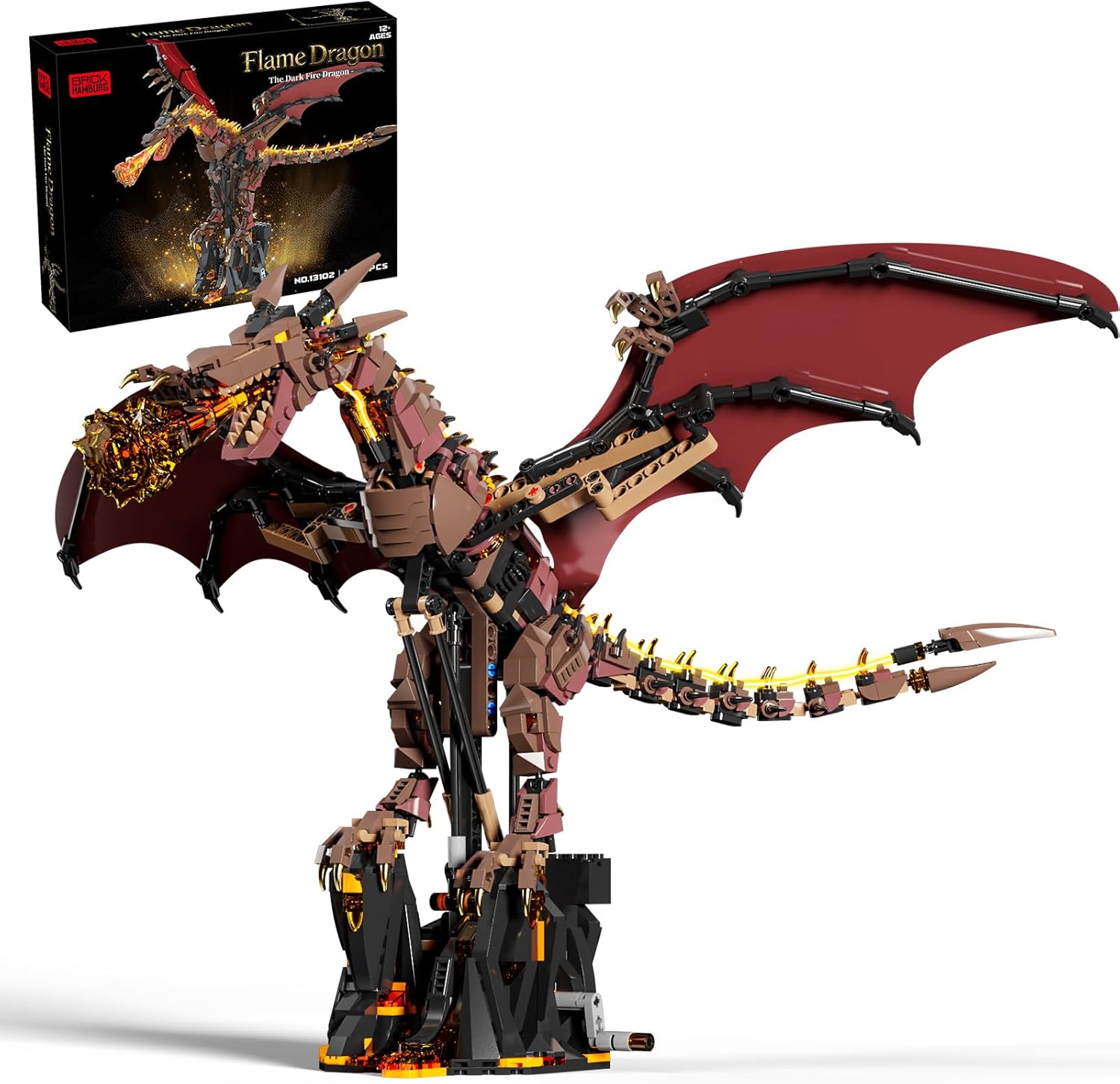Mechanical Flame Dragon Building Block Toy Kit with LED Light, Movable Linkage Gears, Display Stand - Fantasy Dragon Model Kit for Teens & Adults 1439 PCS