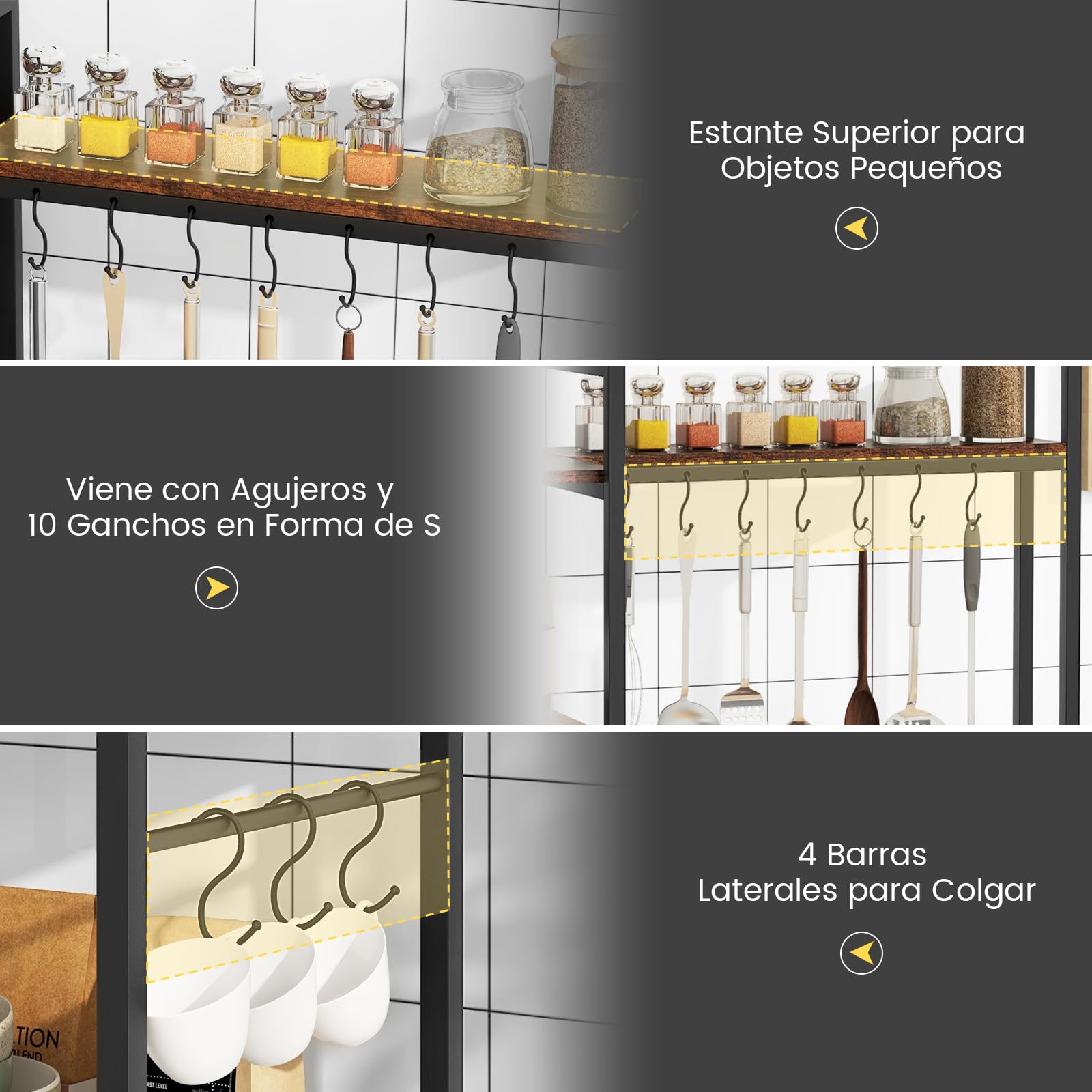 GOPLUS Estantería de Cocina con 5 Estantes y 10 Ganchos, Estante Ahorrador de Espacio para Microondas, Estante Multiusos para Panadería con 6 Patas Regulables, Estilo Industrial, 107 x 37 x 160 cm