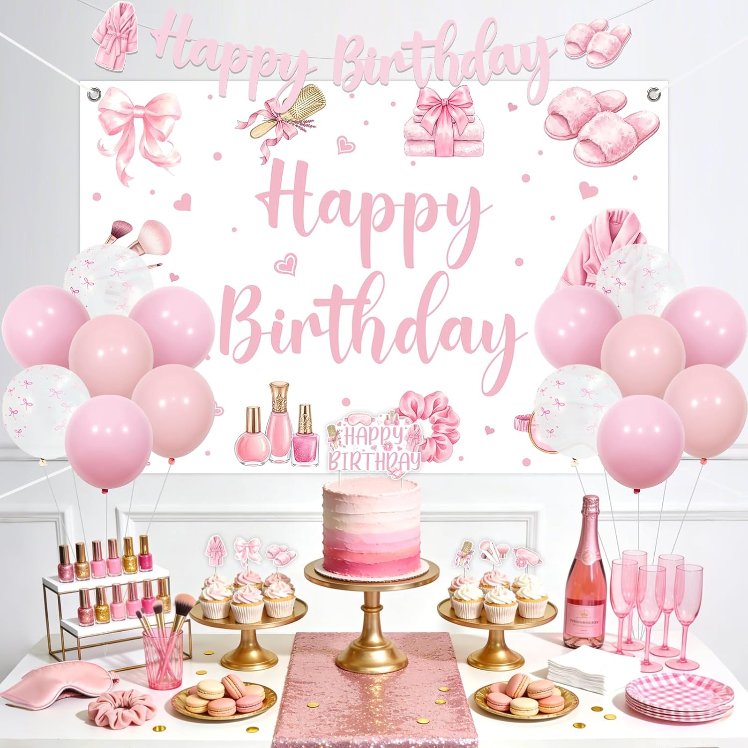 Spa Birthday Party Decorations for Girls Women, Pink Watercolor Spa Birthday Backdrop 5x3 ft with Makeup Brushes Bathrobe Slippers, Banner Cake Toppers Balloons for Sleepover Spa Theme