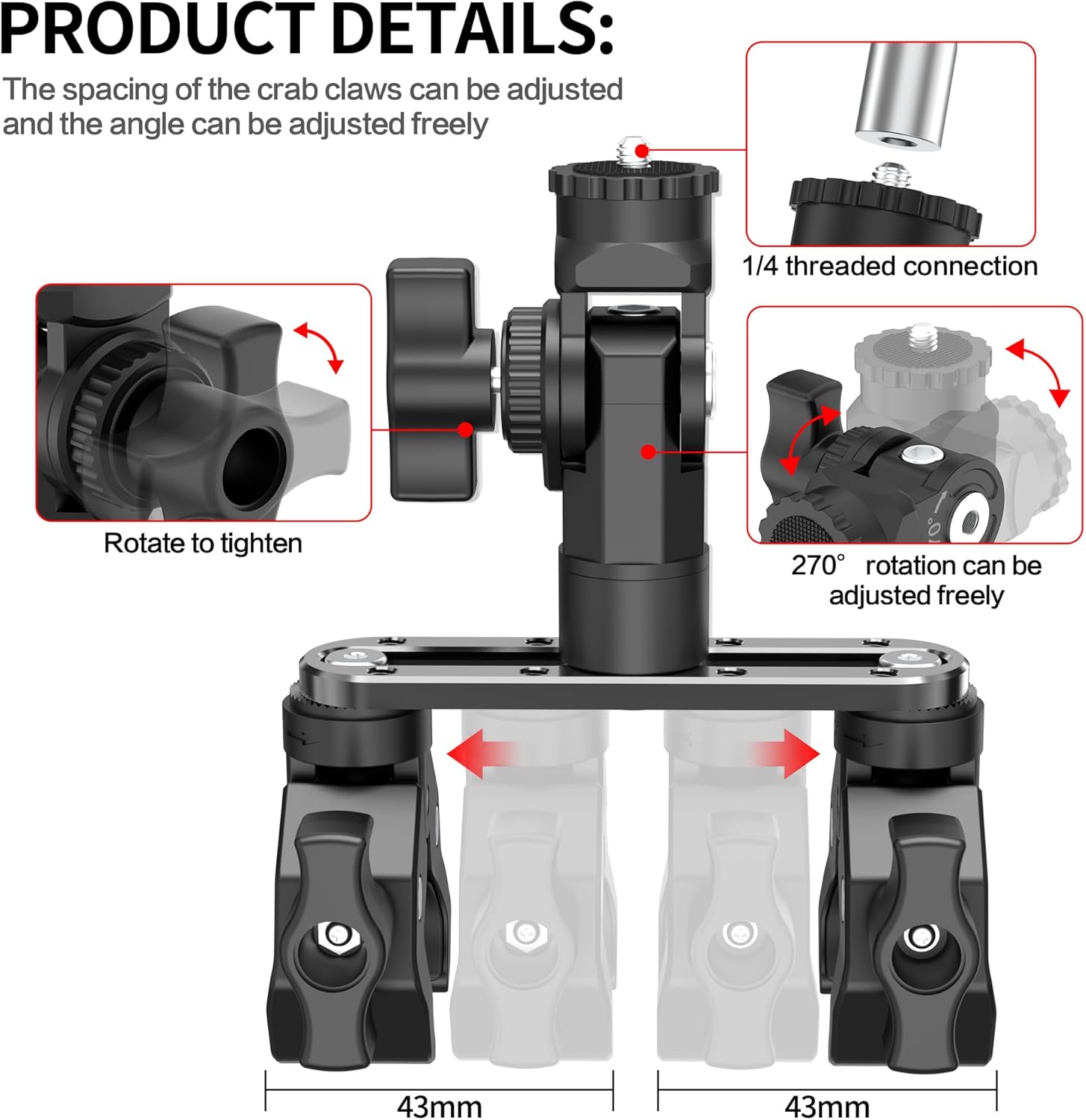 All-in-One Super Clamp Camera Mount & Adjustable Arm Stand with Extension Rod – Dual Ball Head Clamp Mount for Motorcycle, Bike, Tripod with 1/4" Adapter Fits Insta360, GoPro and DJI Action etc