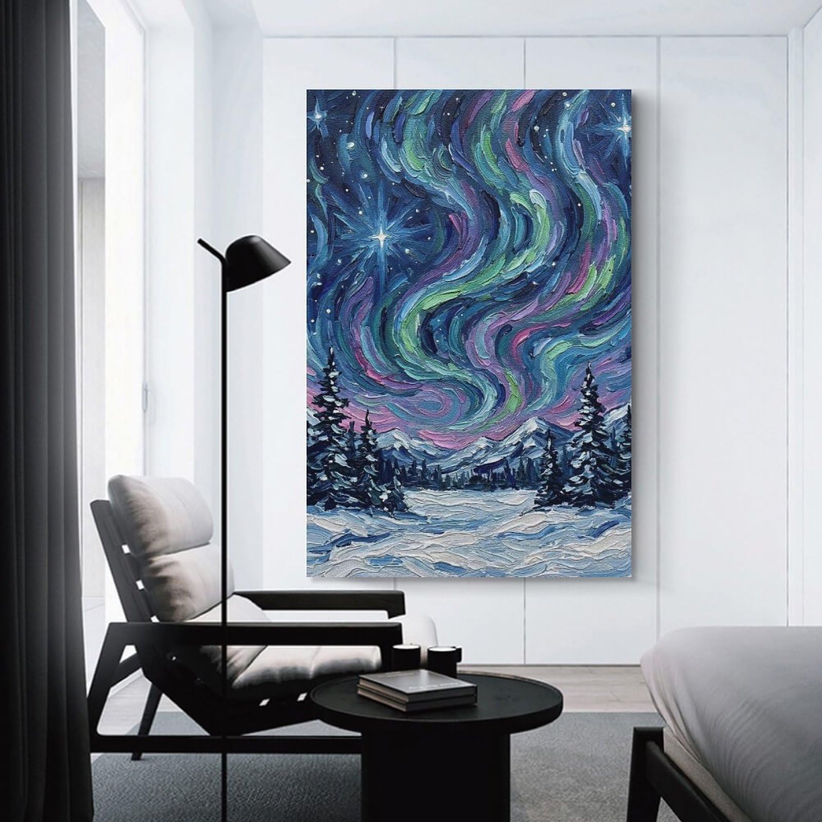 Junmoney Aurora Borealis Winter Landscape Painting Home Decor Wall Art, 08x12inch(20x30cm), for New Homes, Bedrooms Or Workspaces, Gift Idea for Housewarming And Birthdays
