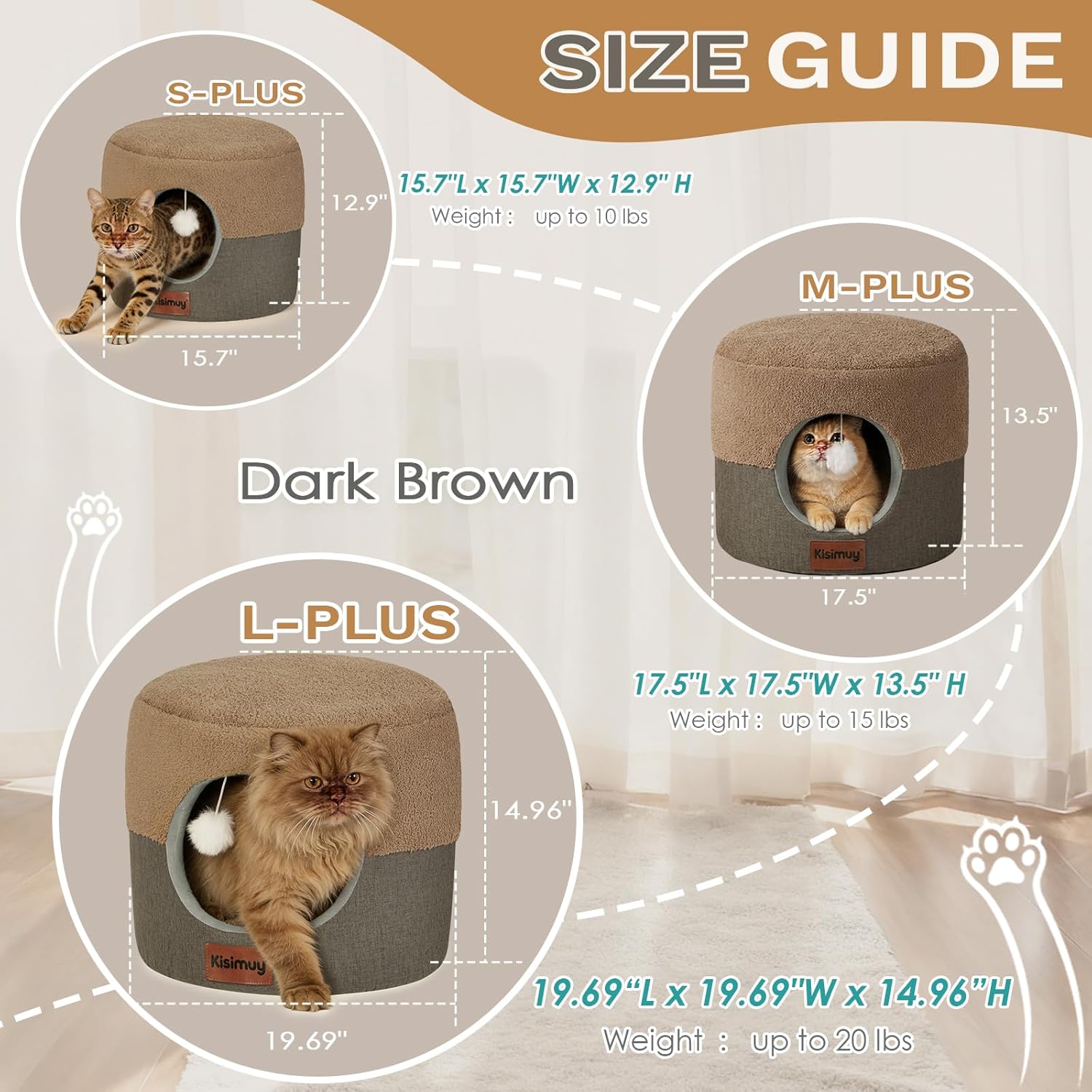 Cat Bed Cave for Indoor Cats, 2-in-1 Foldable Cat Cave & Lounge Bed with Reversible Cushion, Calming Anti-Anxiety Enclosed House for Small Dogs & Puppies, Donut Cozy Hideaway, 17.5 Inches (Brown)