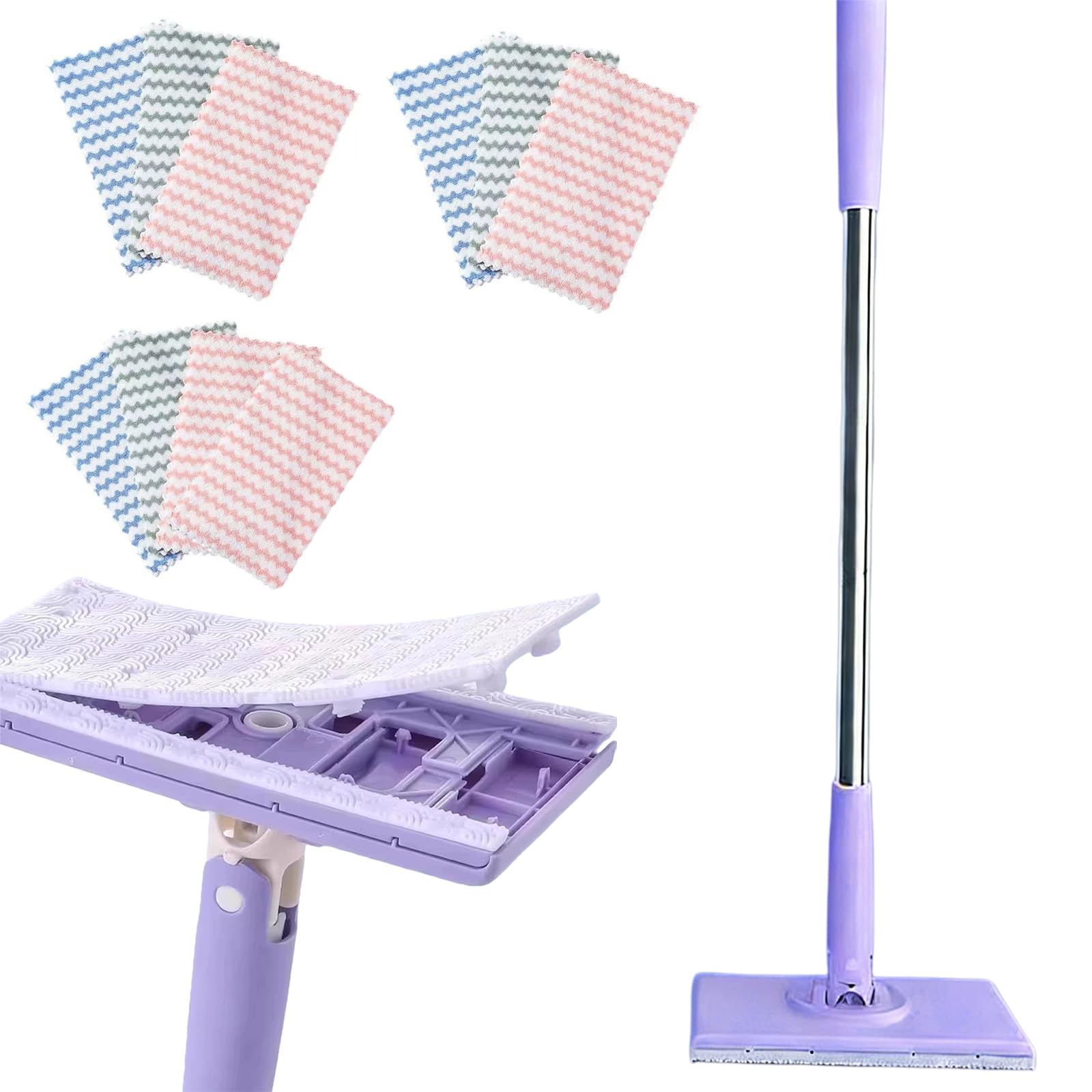 Avzyardy Purple Snap Grip Mini Mop, Automatic Fabric Clamp Lazy Mop, 360° Rotating Wet And Dry Mops With 10 Cloths, Hands-Free Cloth Changing Mops For Kitchen Bathroom House Wall