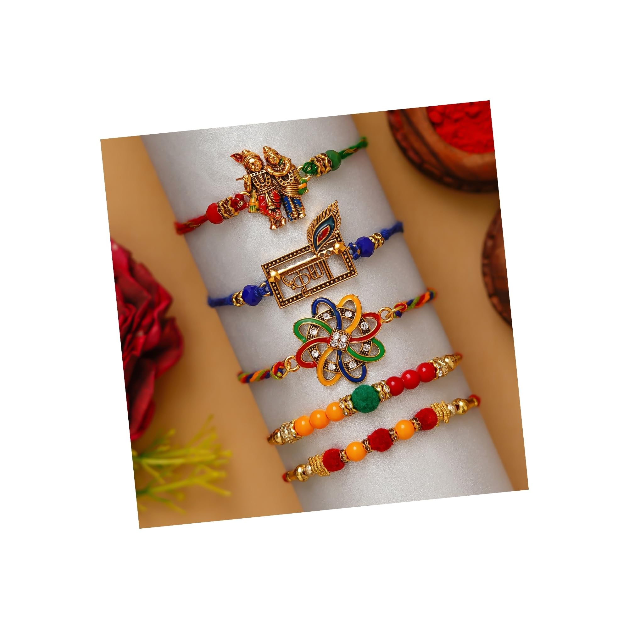 eCraftIndia Set of 5 Colorful Radha Krishna, Krishna Word with Peacock Feather, Flower, and Pearl Designer Rakhis, Happy Rakhi Wooden Cutout with Roli Chawal Pack - Rakhis for Brothers (B0D1CDGHZG) Amazon Price History, Amazon Price Tracker