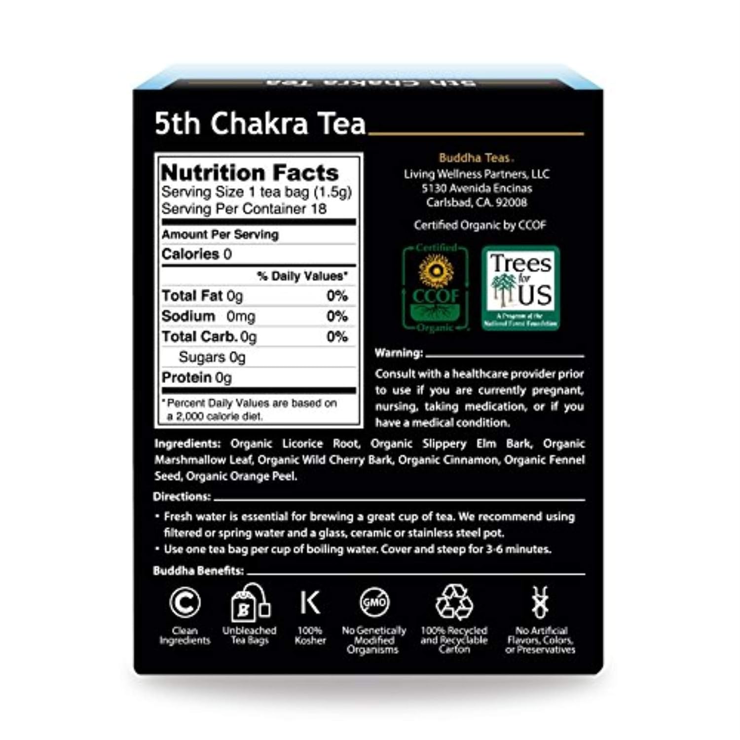 Buddha Teas Organic 5th Chakra Tea - OU Kosher, USDA Organic, CCOF Organic, 18 Bleach-Free Tea Bags
