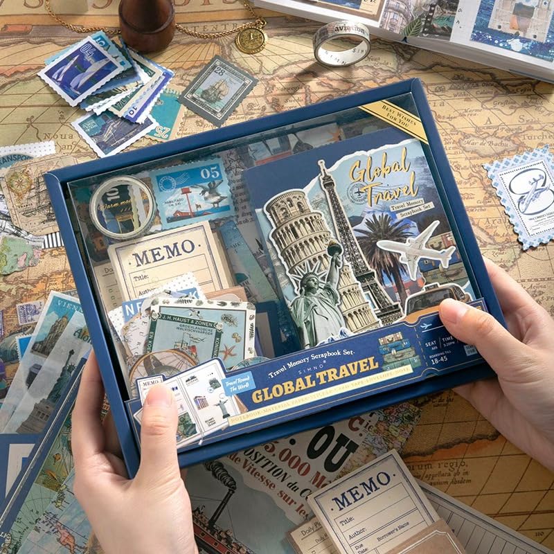 Image of WEMOL Vintage Journal Scrapbook Pack Kit for Art Journaling Bullet, Planners DIY Paper Stickers, Craft Kits Notebook, Collage Album Aesthetic Sticker (Blue Global Travel)