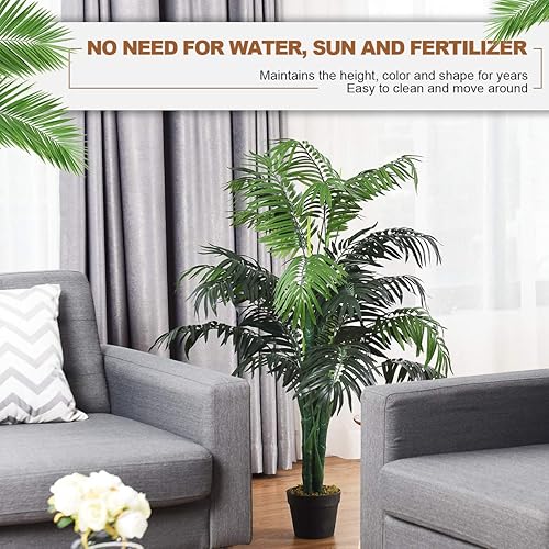 Miniatura 5 de Goplus Palmera artificial, planta tropical de vegetación falsa en maceta de 3.5 pies de alto, árbol de suelo sintético para decoración de interiores