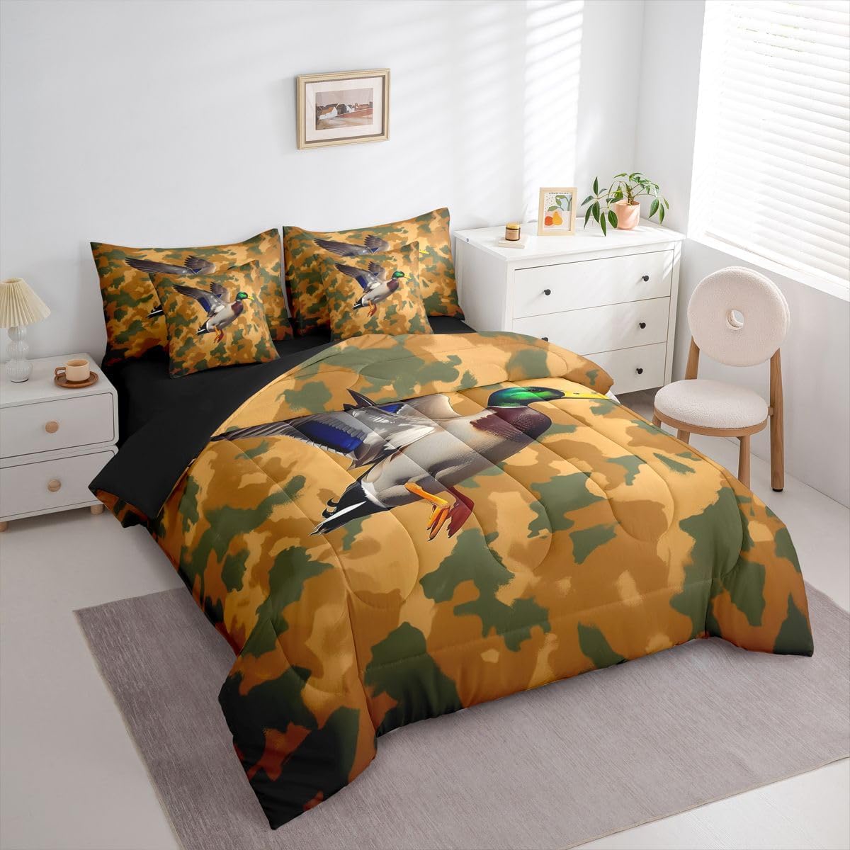 Feelyou Mallard Duck Comforter Set Twin Size 7 Pieces Camouflage Bedding Set for Kids Boys Girls Camo Duck Bed in a Bag with Comforter, Sheets, Pillowcases, Cushion Covers Military Style