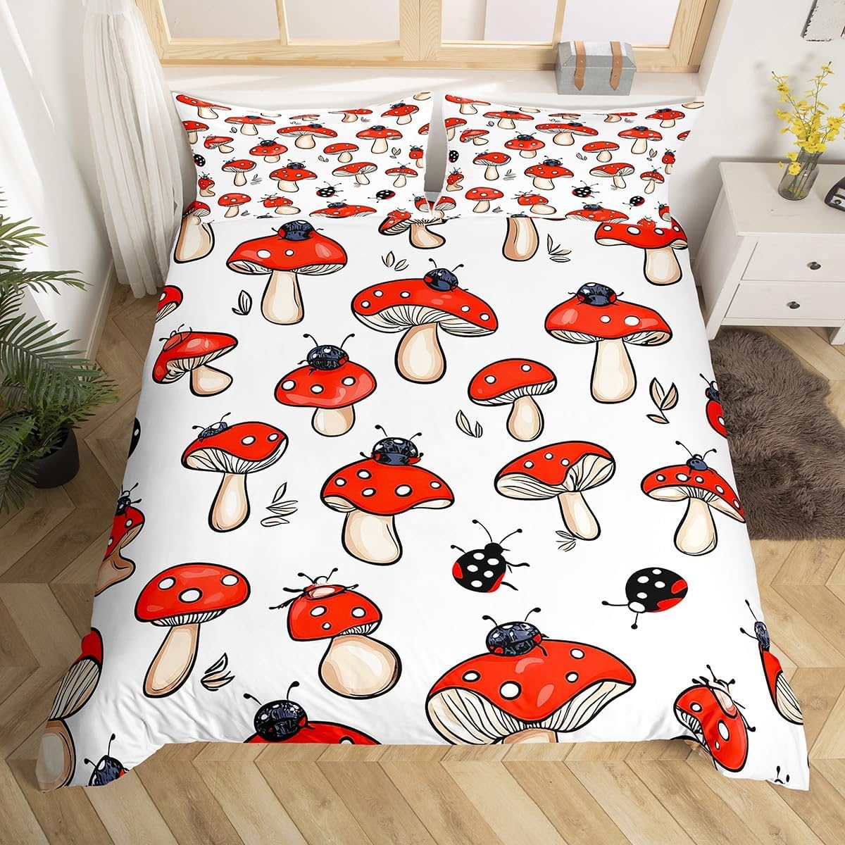 Erosebridal Cute 3D Red Mushrooms Toddler Duvet Cover, Cartoon Ladybugs Bedding Set Wild Fungus Plants Bed Sets for Boys Girls, Fairy Tale Wild Mushroom Bed Cover (Red and White)