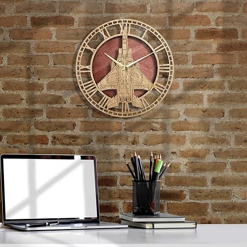 Miniatura 4 de F-15 - Reloj de pared de madera con diseño de águila, reloj de pared de madera para avión, decoración artística de pared silenciosa, sin tictac,