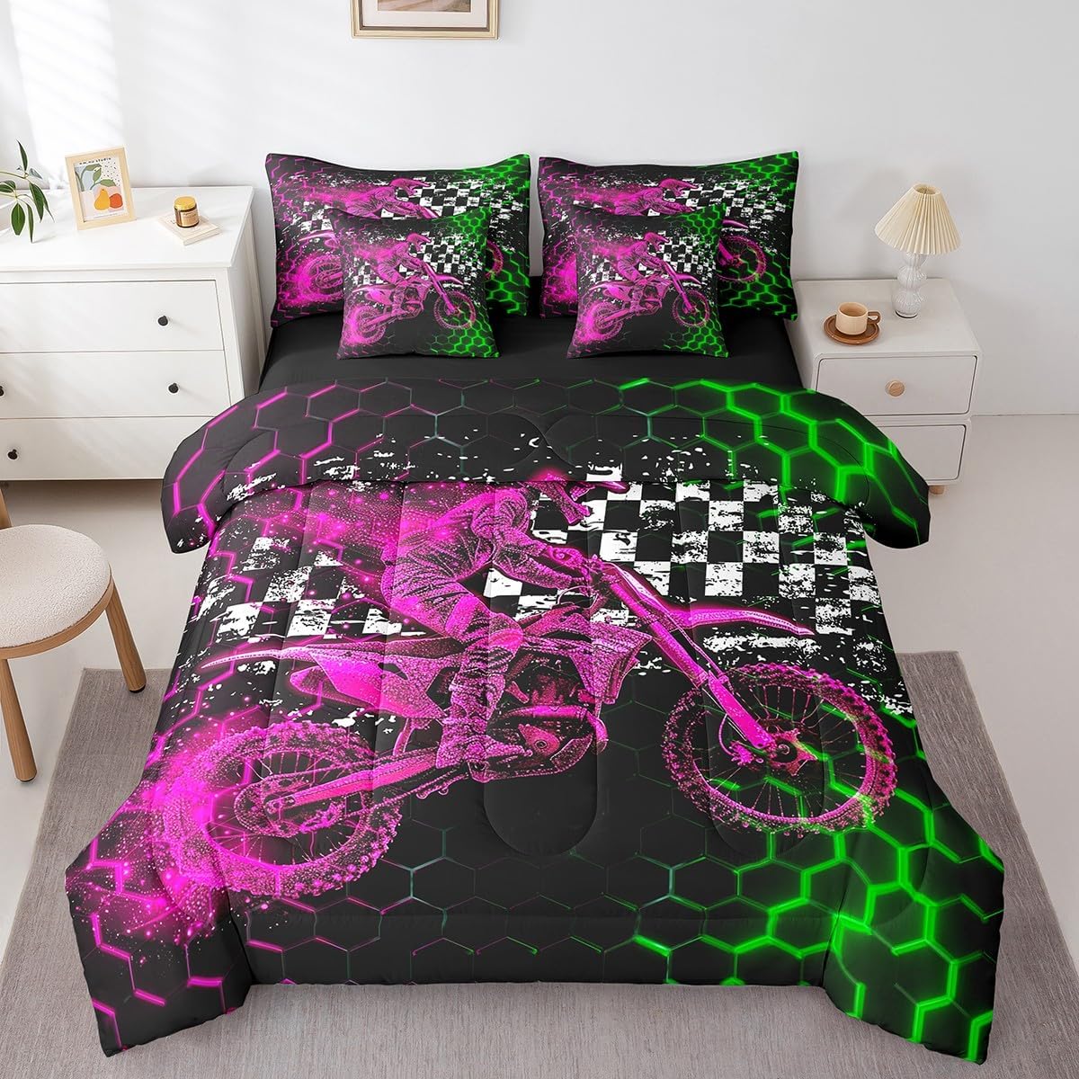 Feelyou Dirt Bike Comforter Set Twin Size 7 Pieces Comforters Extreme Sport Bedding Set Motocross Bed Set Bed in a Bag with Comforter, Sheets, Pillowcases & Cushion Covers